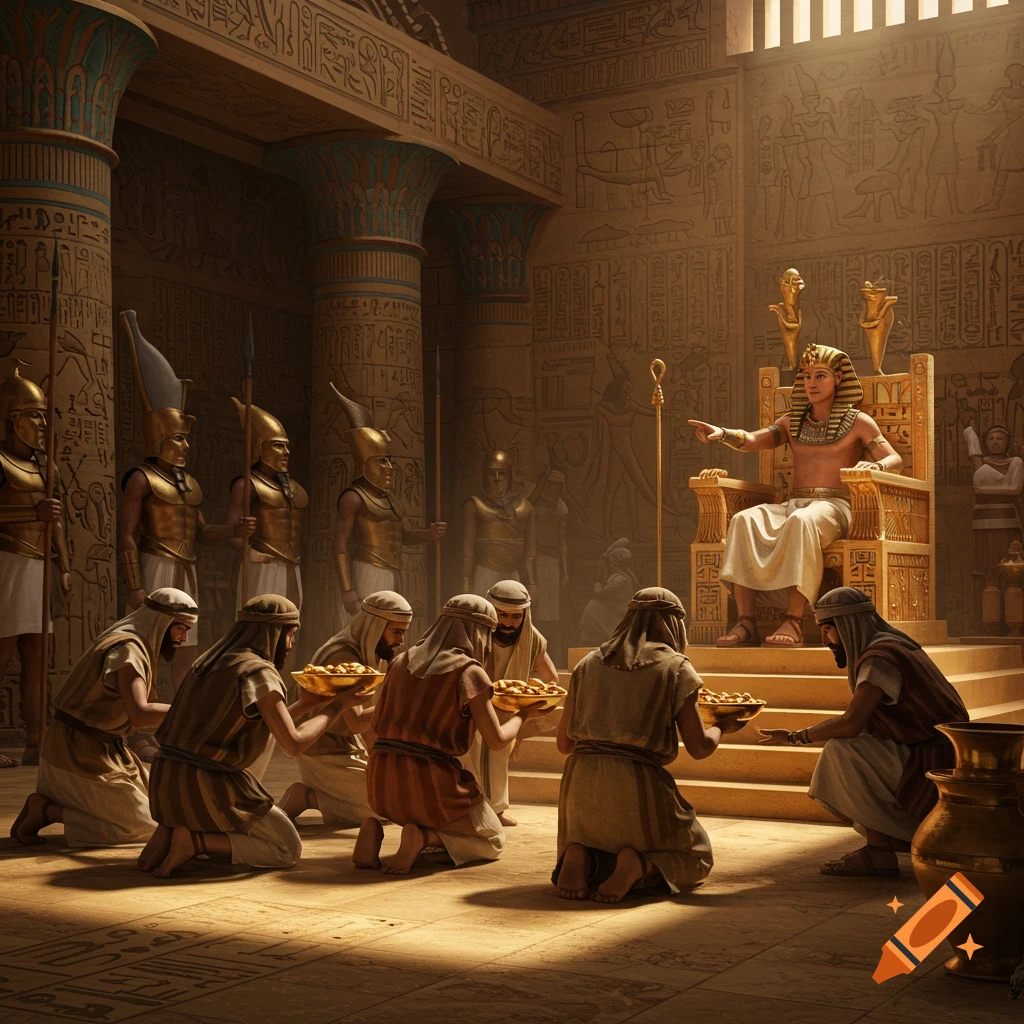 A pharaoh on a golden throne receives offerings from kneeling men in an ancient Egyptian temple, guarded by soldiers.