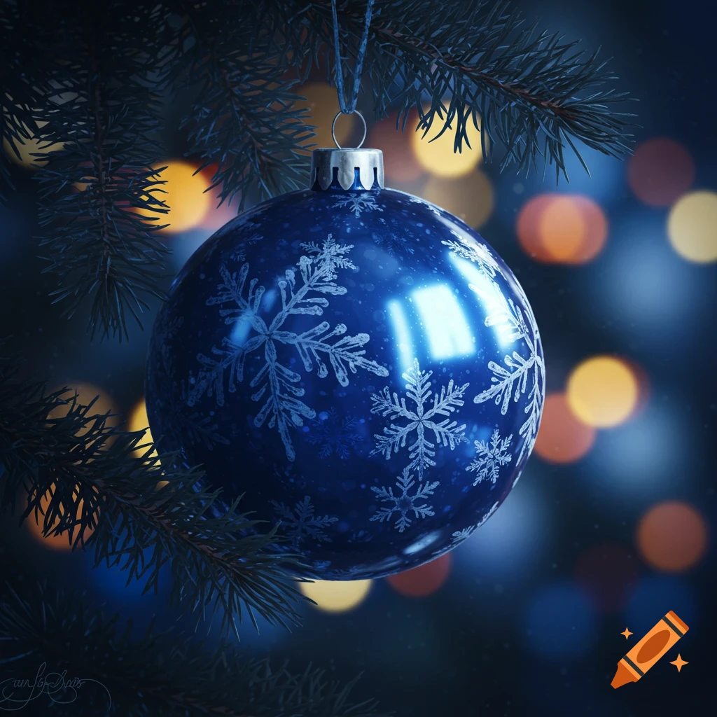 A blue Christmas ornament with white snowflakes hangs on a pine branch, with blurred festive lights in the background.