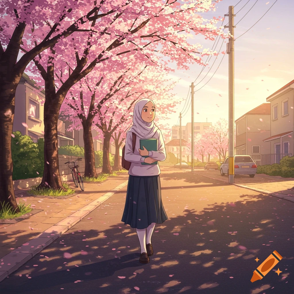 Anime illustration of a Muslim girl in a hijab and school uniform walking on a cherry blossom-lined street, holding a book.
