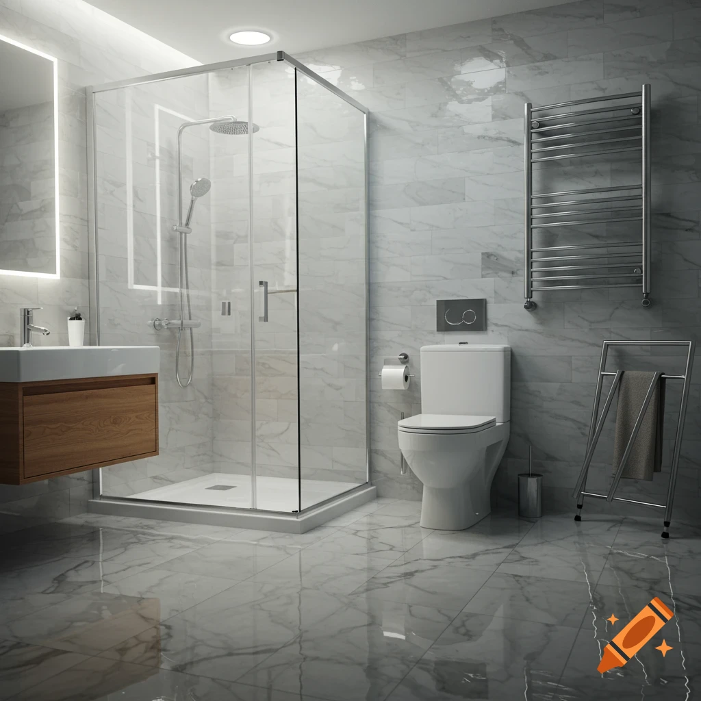 A modern bathroom with marble floors and walls, a glass shower enclosure, a wooden sink vanity, toilet, heated towel rack, and towel stand.