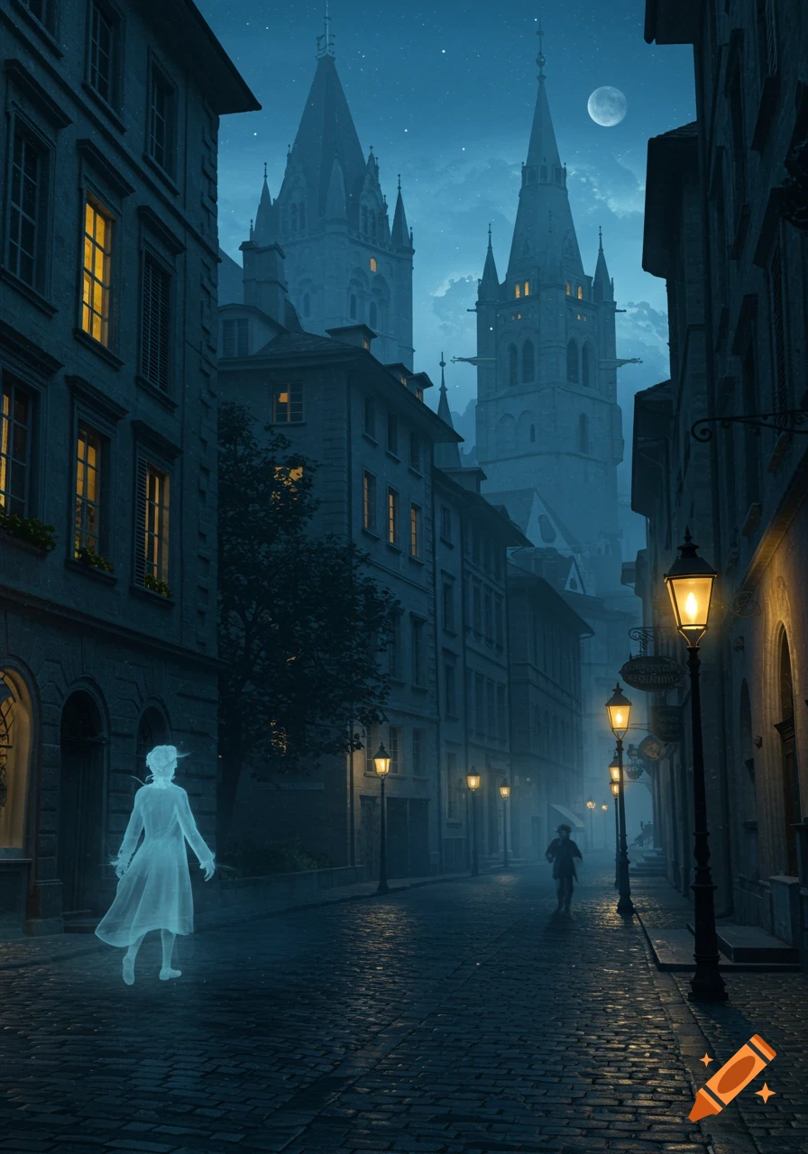 A ghostly figure walks down a dark, cobblestone street in an old European city at night, illuminated by street lamps, with tall buildings and gothic towers under a moonlit sky.