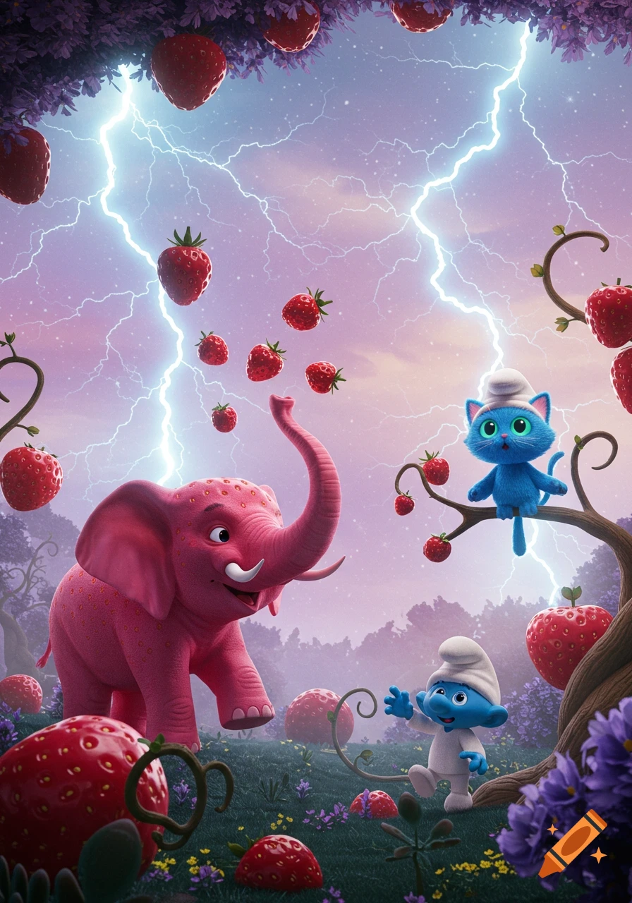 A whimsical scene with a pink strawberry elephant, a blue Smurfcat, a Smurf, and floating strawberries under a lightning-filled sky.