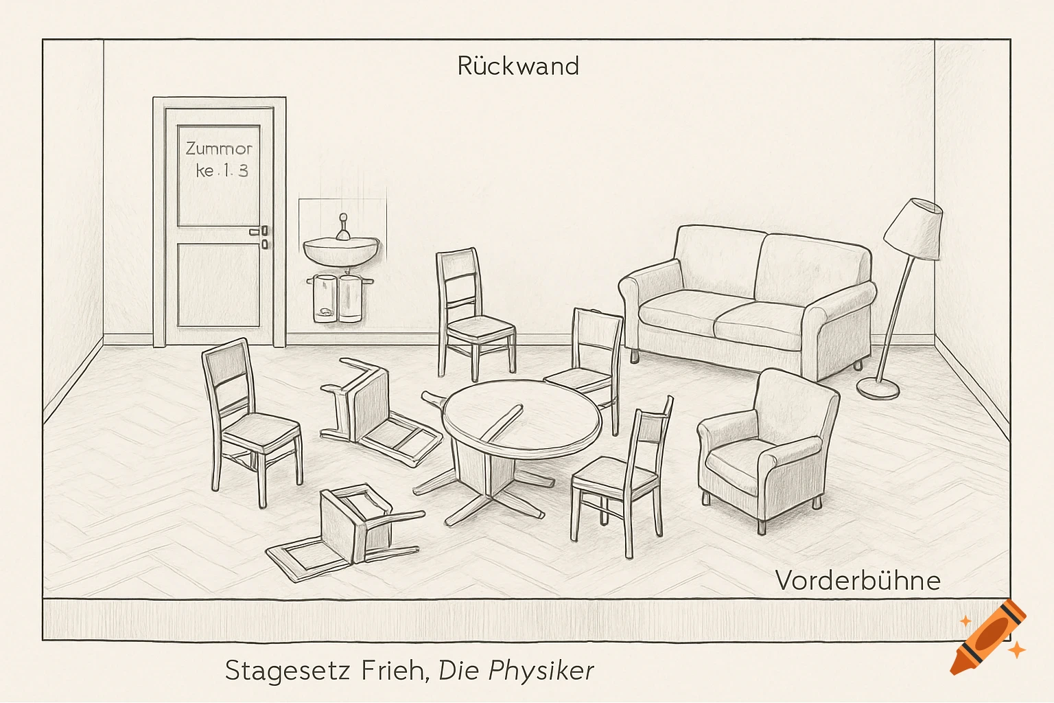 A schematic line drawing of a theater stage set, depicting a messy room with overturned chairs around a round table, a sofa, a lamp, a door, and a sink.
