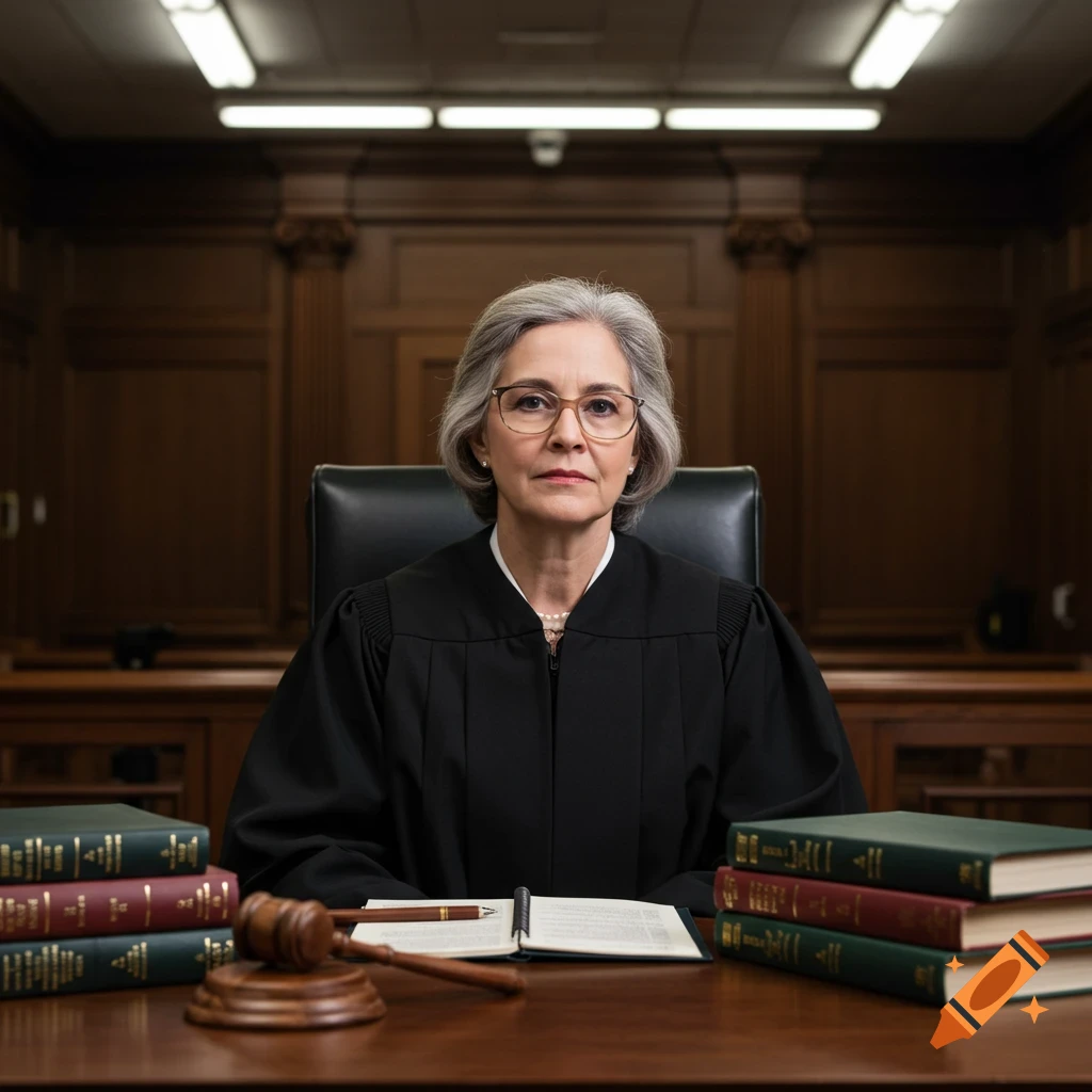 Photorealistic portrait of a middle-aged female judge in a black robe, seated in a courtroom with books and a gavel.