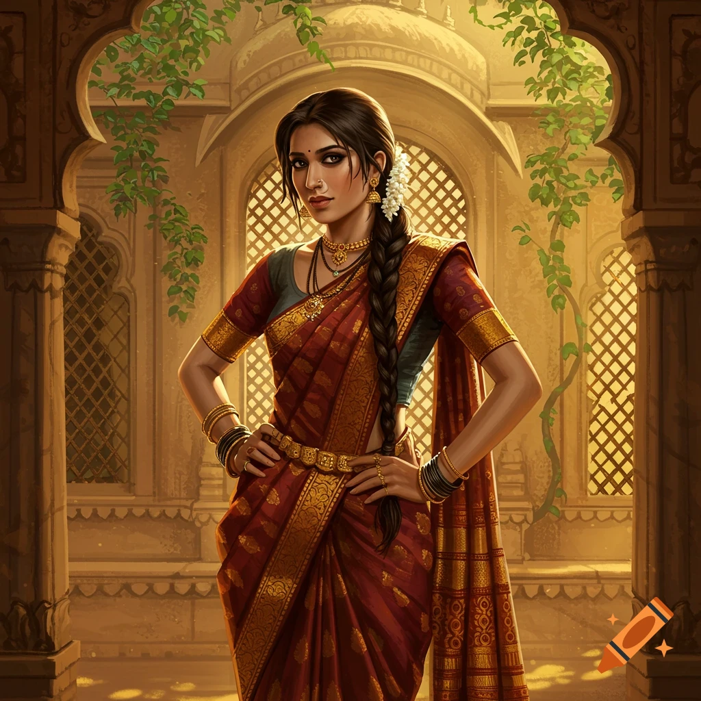A beautiful Indian woman in a red and gold saree stands confidently in an ornate archway, hands on hips. Digital art.