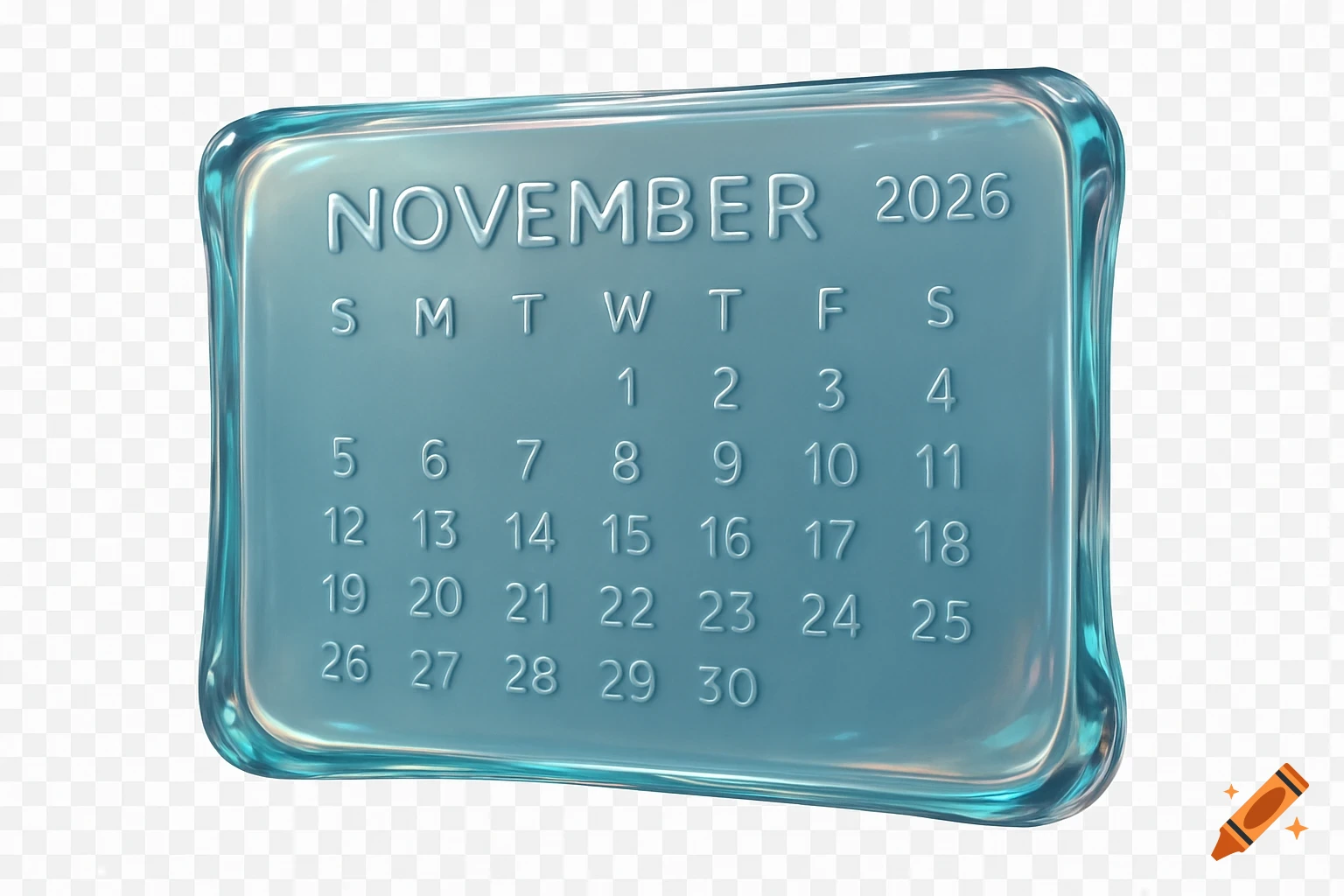 A light blue liquid glass calendar for November 2026 with dates 1-30, on a transparent background.