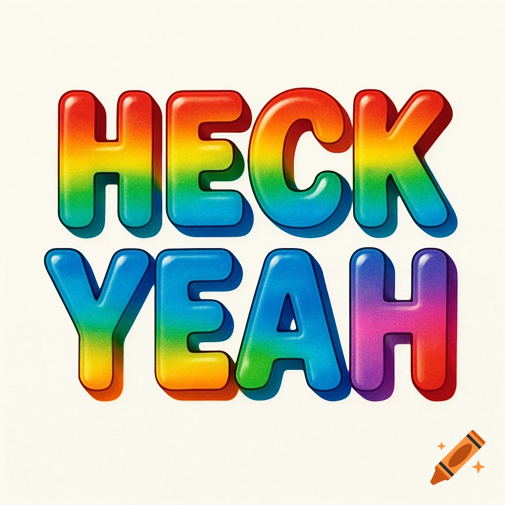 The words "HECK YEAH" in a vibrant rainbow bubble-style font on a white background.