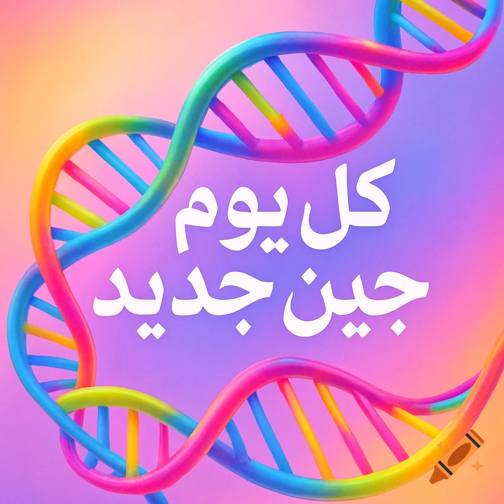 Colorful DNA helix with Arabic text '"كل يوم جين جديد"' (Every day a new gene) in the center.