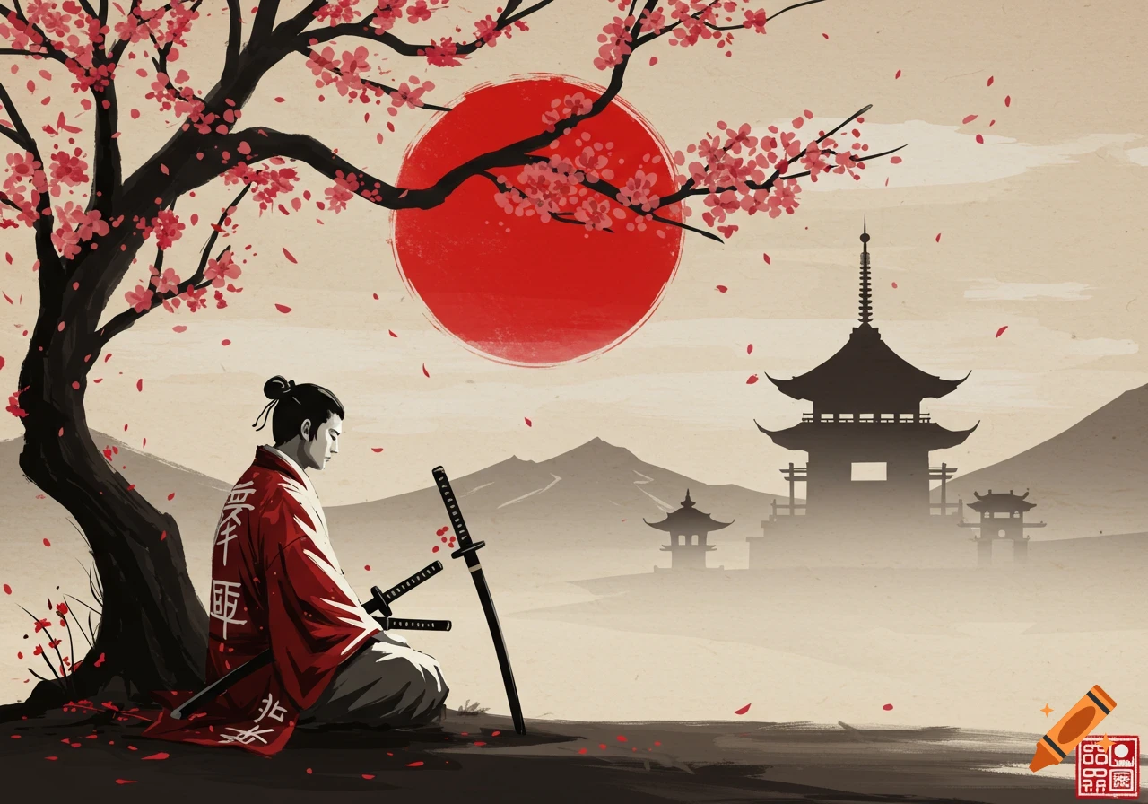 A samurai meditates under a cherry blossom tree with a katana, a Japanese temple and red sun in the background, in a traditional sumi-e style.
