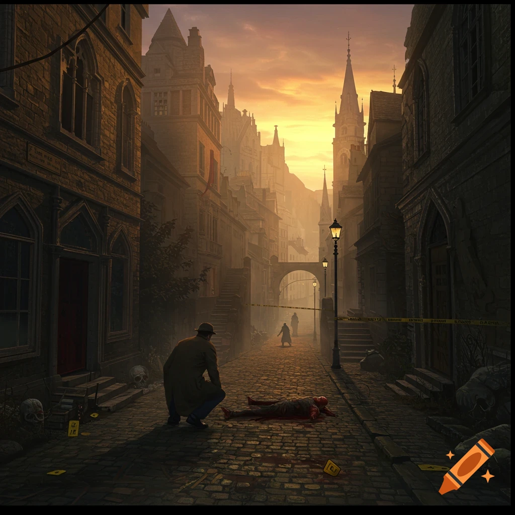 A detective in a trench coat kneels by a body on a cobbled street in a foggy, dark Victorian city at sunset, with crime scene tape visible.