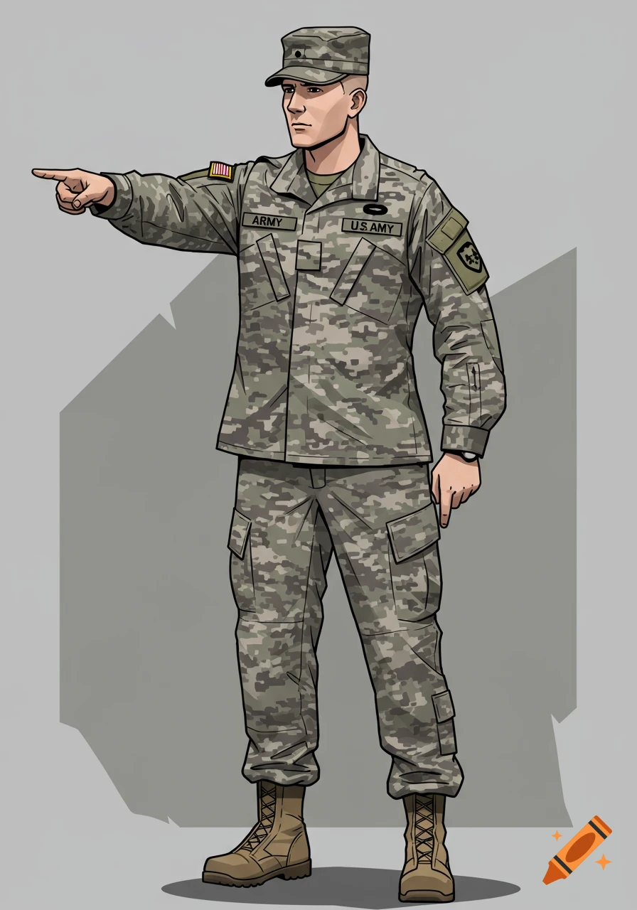 A clip art style illustration of a male US Army Sergeant in an ACU uniform and patrol cap, pointing forward.