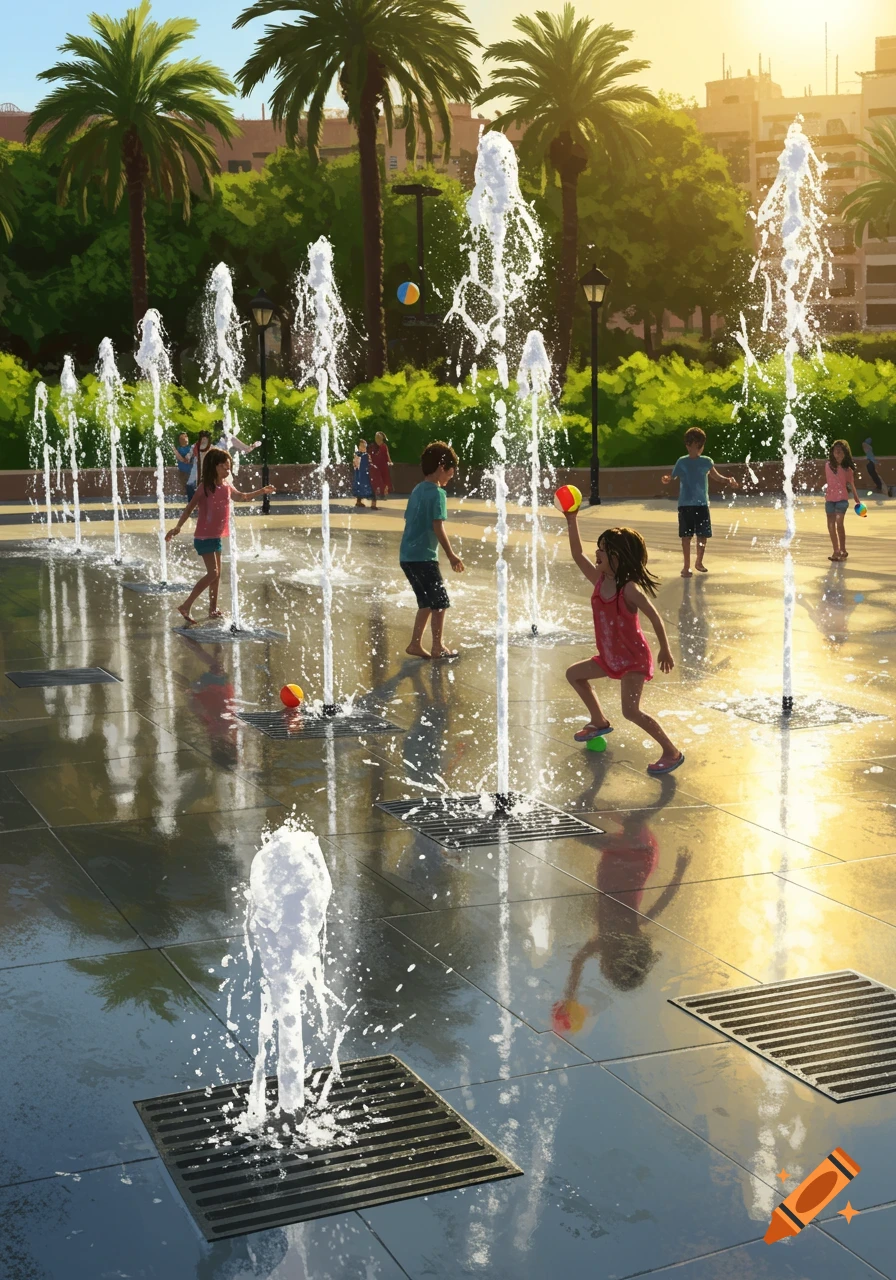 Children play in a sunlit splash pad with fountains and palm trees in a park.