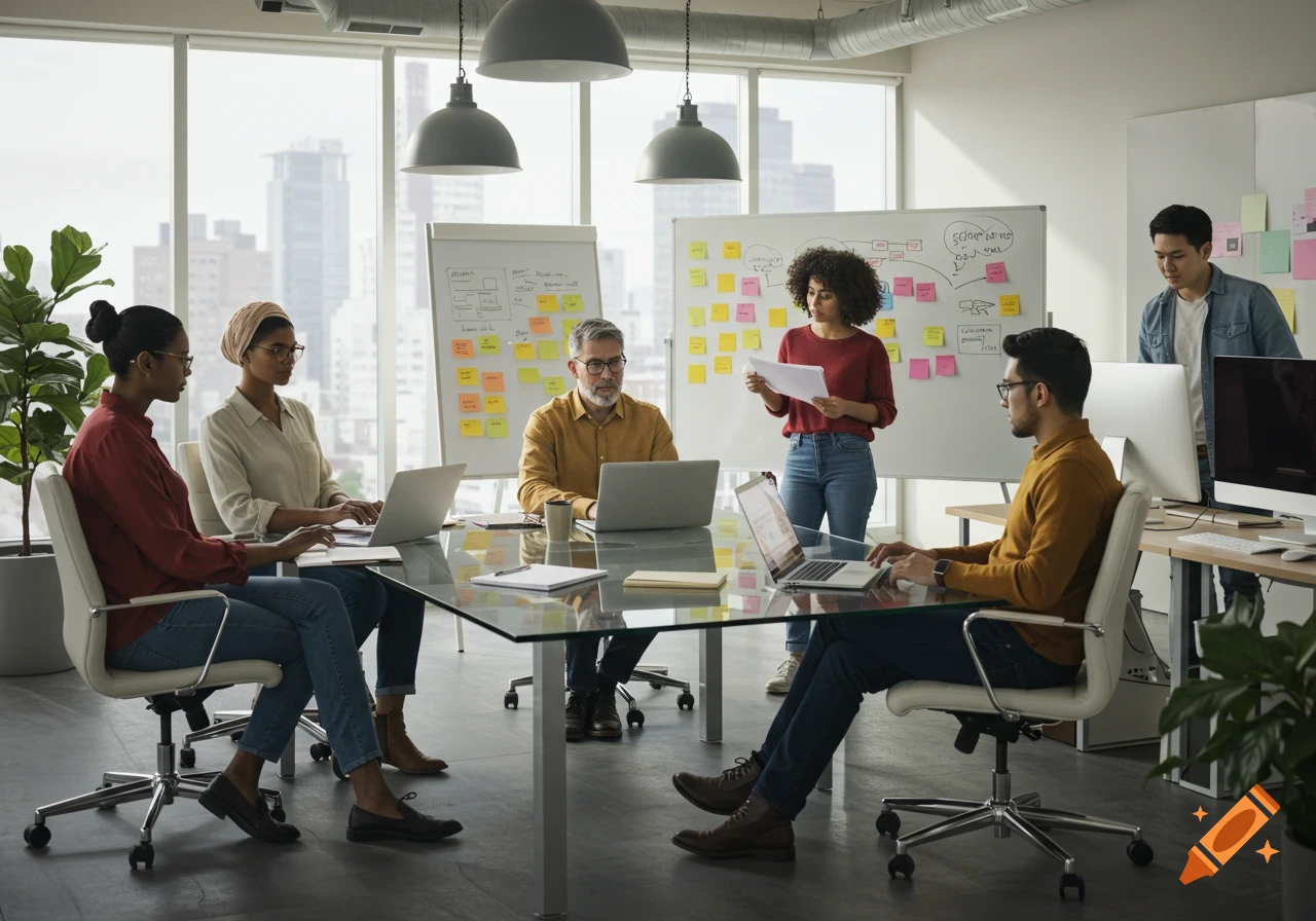 Diverse adults collaborate in a sunlit modern office meeting room with laptops and whiteboards.
