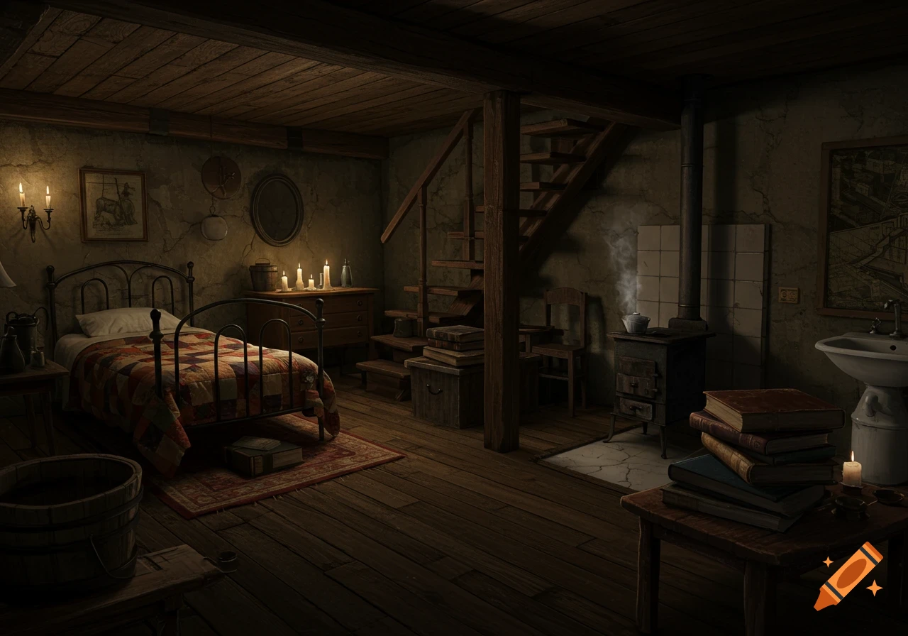 A dimly lit, rustic basement apartment features a bed, wooden stairs, old stove, sink, and stacks of books, lit by candles.