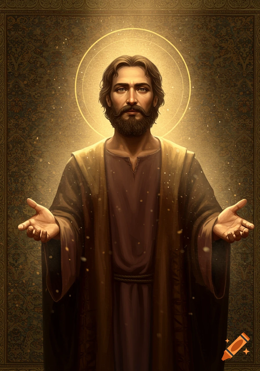 Portrait of a bearded man with a halo in brown robes, standing with open hands against a golden, patterned background.