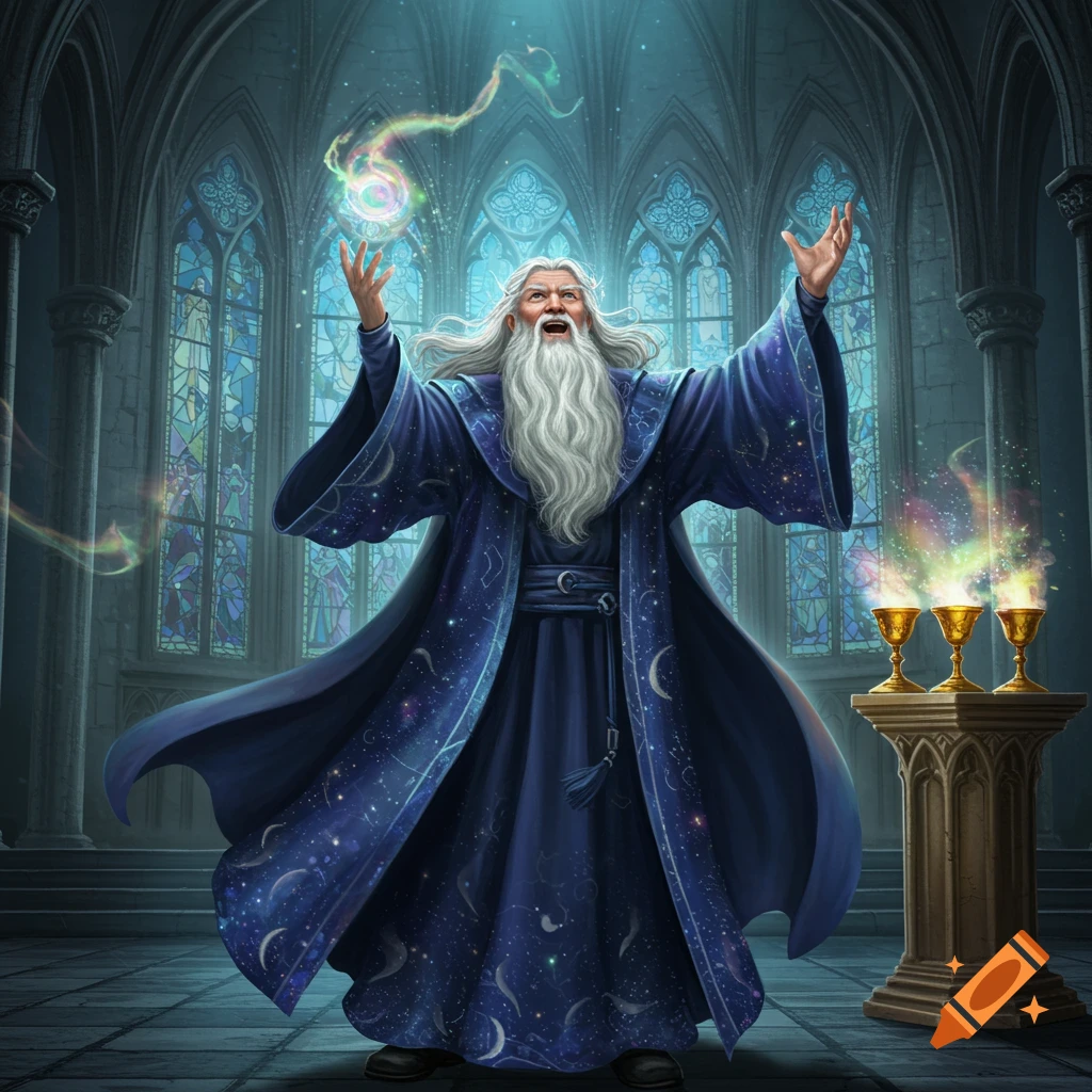 A powerful wizard in a blue robe adorned with stars and moons, casting a spell in a grand, mystical hall with stained glass windows.