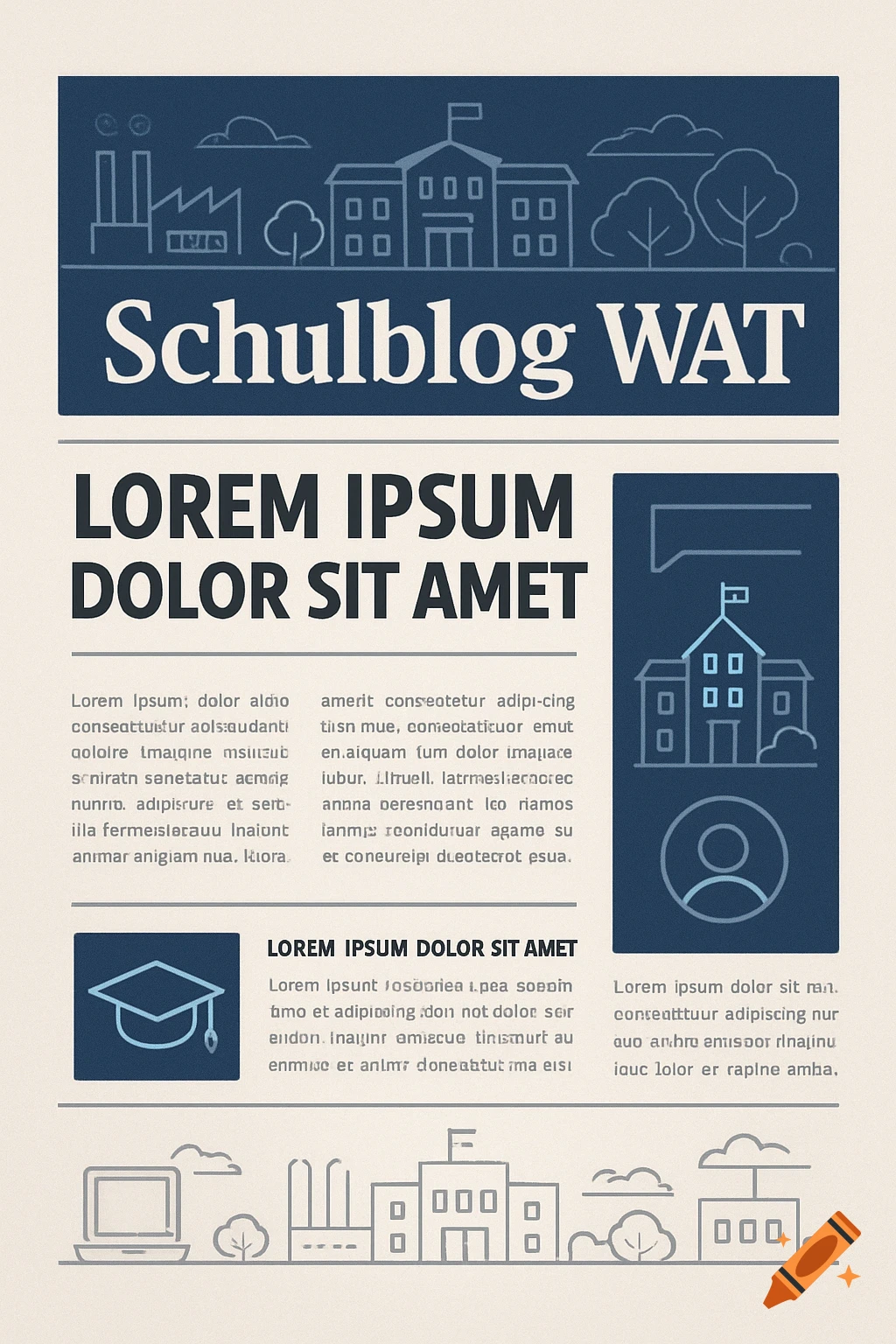 A minimalist, two-tone blue and beige illustration of a newspaper front page titled "Schulblog WAT" with "LOREM IPSUM DOLOR SIT AMET" as a headline and placeholder text.