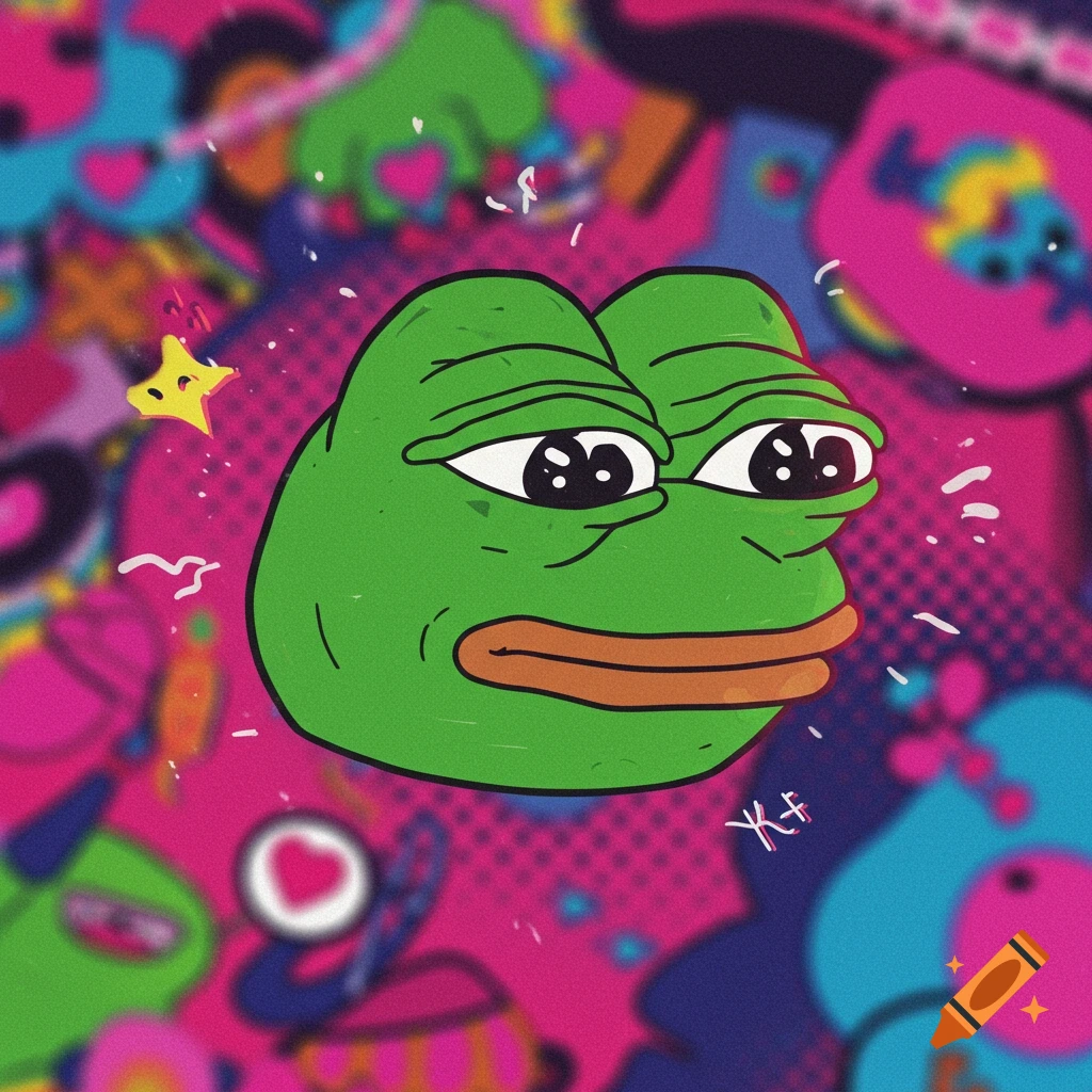 Cartoon Pepe the frog's head with a sad expression on a vibrant, colorful, abstract pop art background.