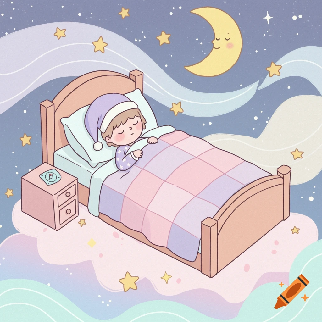 A cute cartoon illustration of a child sleeping soundly in a bed, surrounded by clouds and stars in a nighttime sky with a smiling crescent moon.