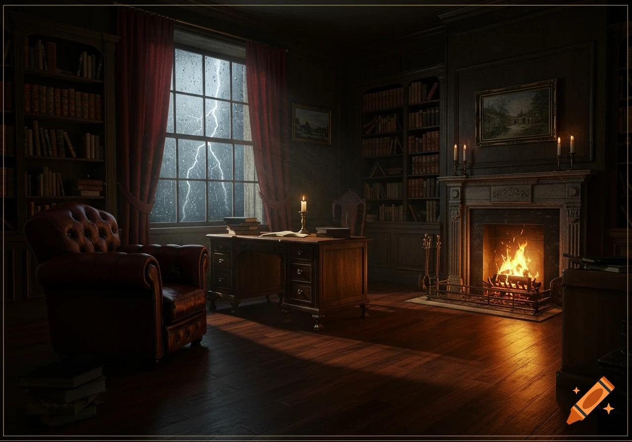 A dim Victorian study with a lit fireplace, a desk with a candle, and an armchair. Lightning flashes outside a rain-streaked window.