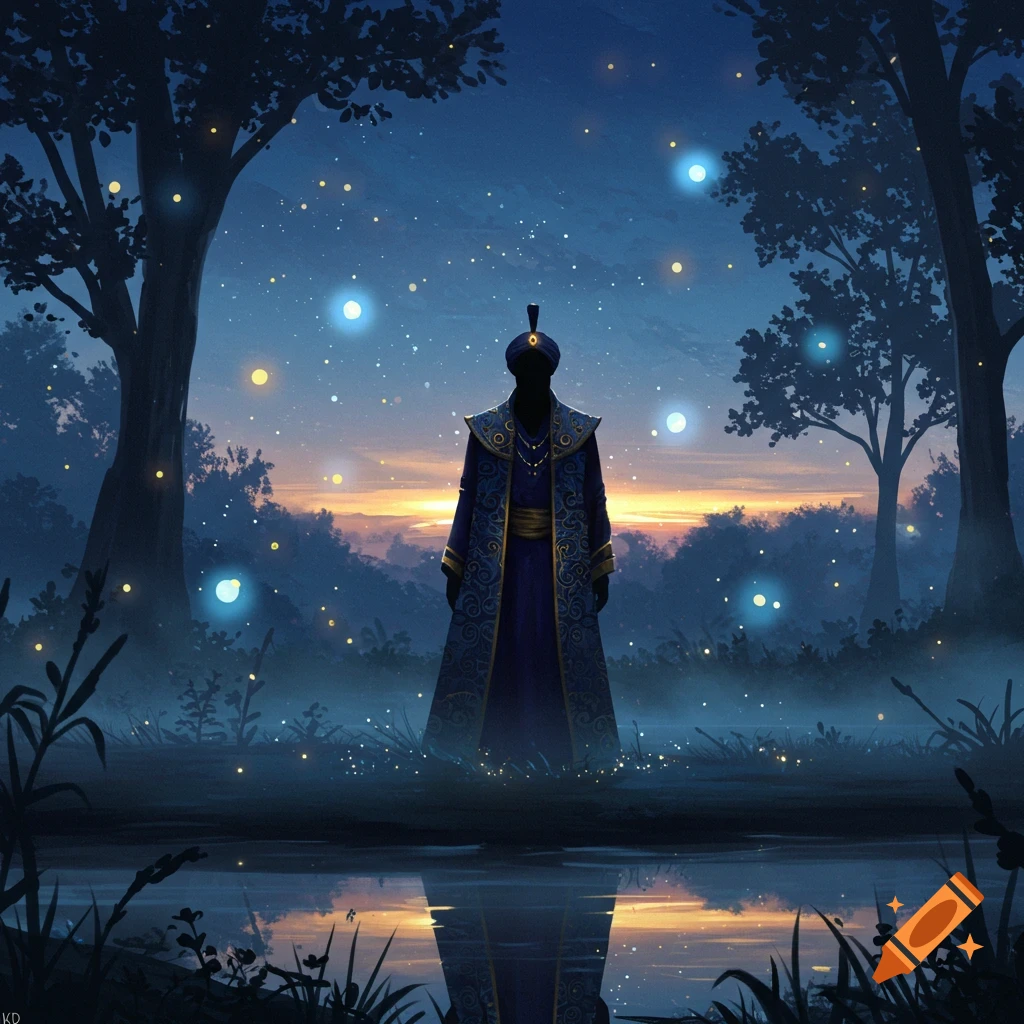A figure in a blue and gold robe and turban stands by a reflective pool in a magical, glowing forest at dusk.