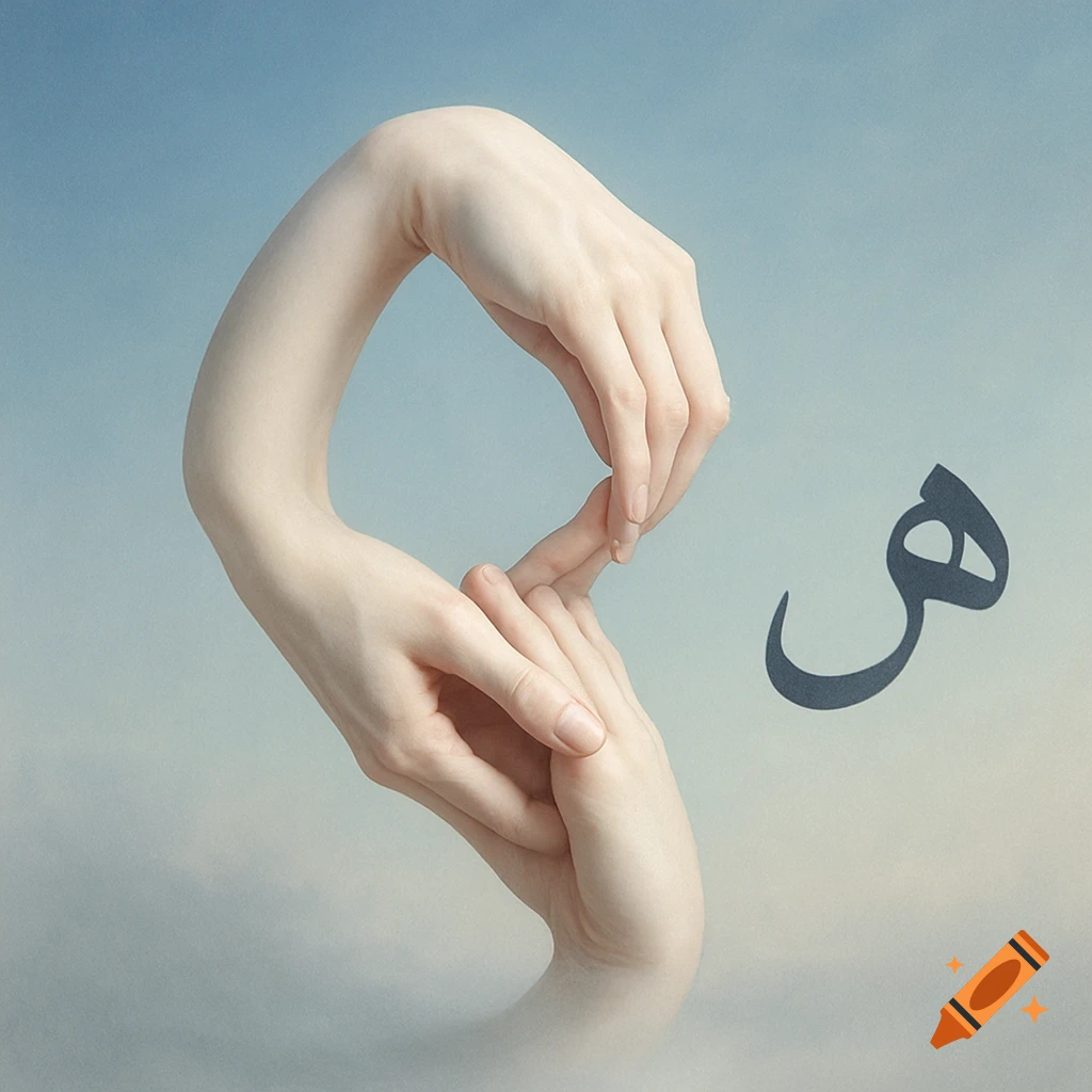 Two pale hands form a loop resembling the Persian letter '"هـ"', with the letter beside them on a blue sky background.