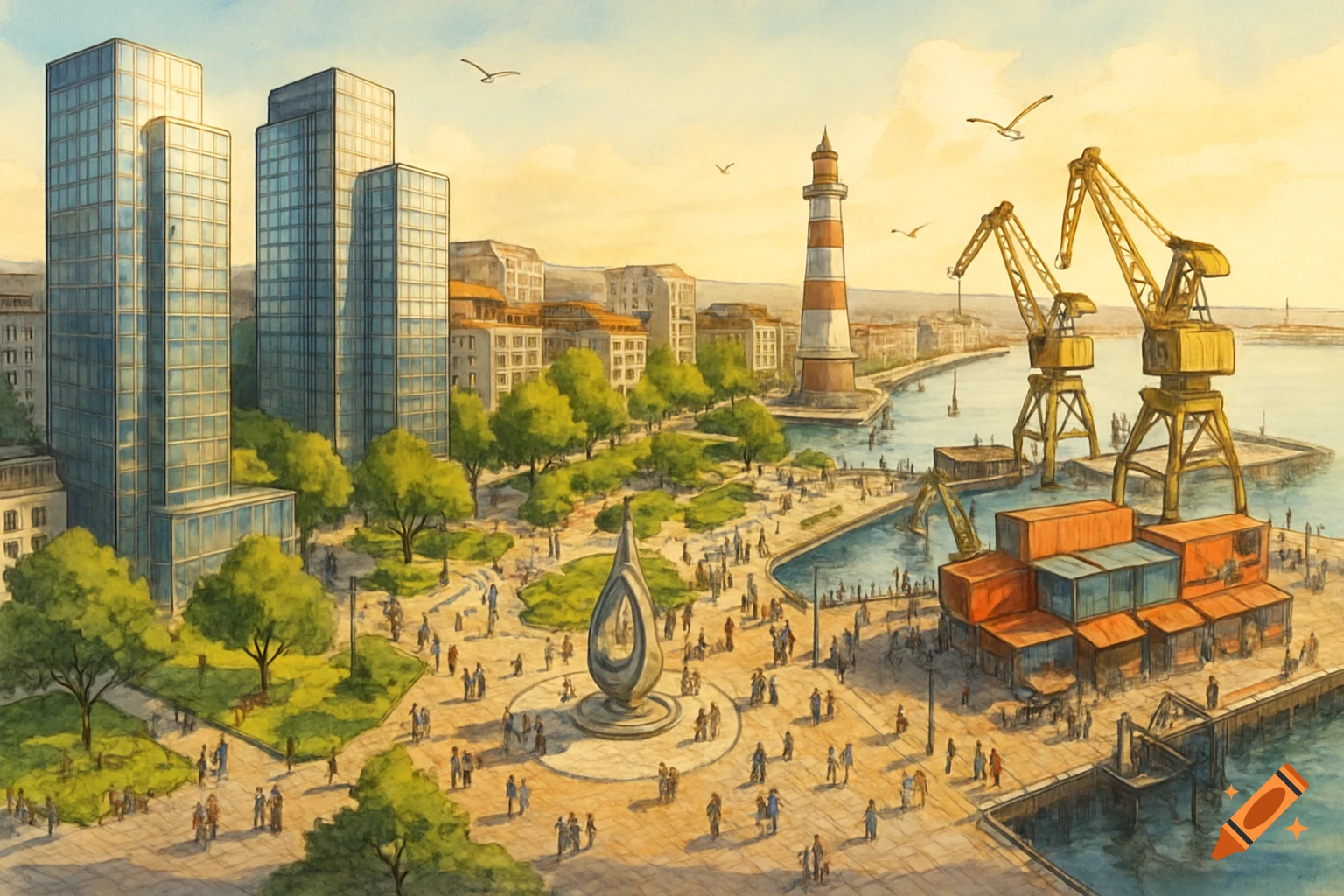 Watercolor illustration of a modern city harbor with skyscrapers, a lighthouse, cranes, shipping containers, a central monument, and many people in a park.
