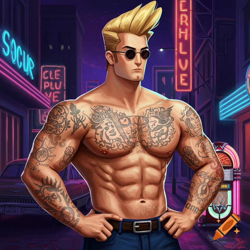 Stylized, muscular man with blonde pompadour and sunglasses, heavily tattooed, posing in a neon-lit city street at night.
