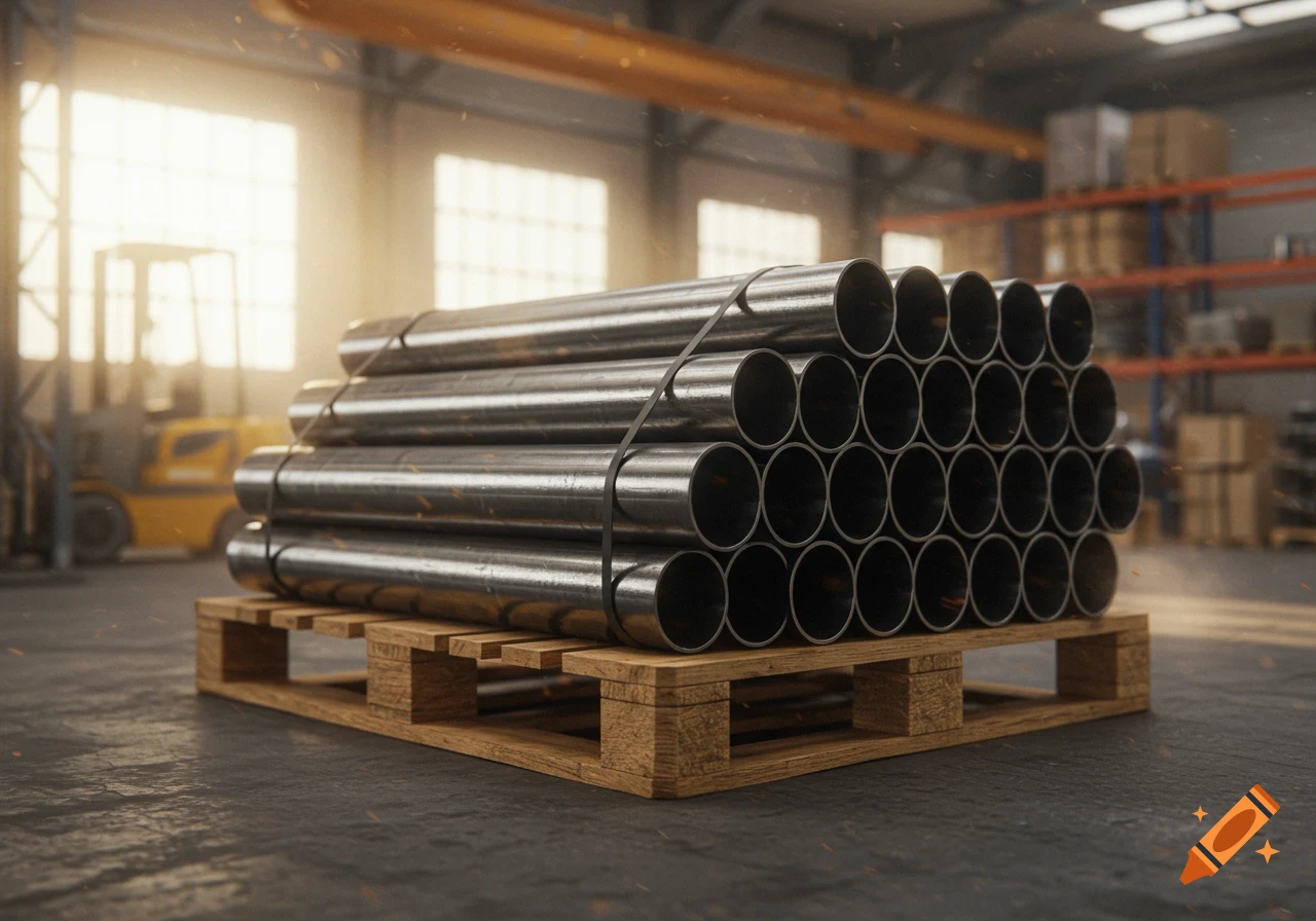 A stack of metal pipes on a wooden pallet in a sunlit industrial warehouse, with a forklift in the background.