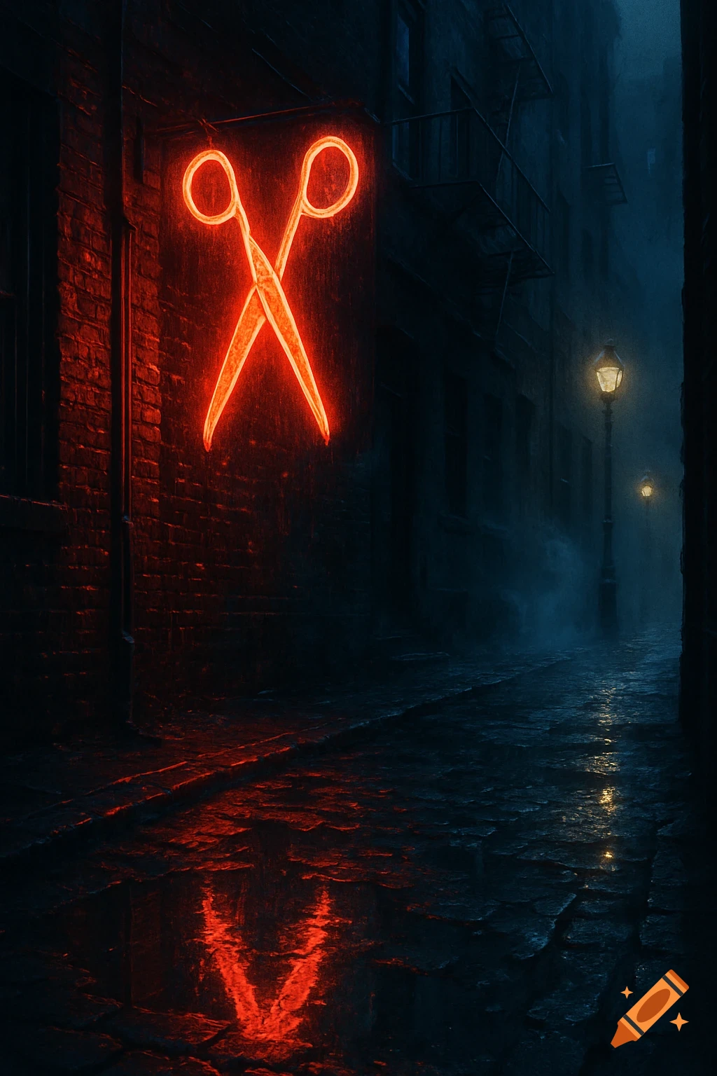 A vibrant neon red scissor sign illuminates a dark, wet alleyway with cobblestones and distant streetlights.