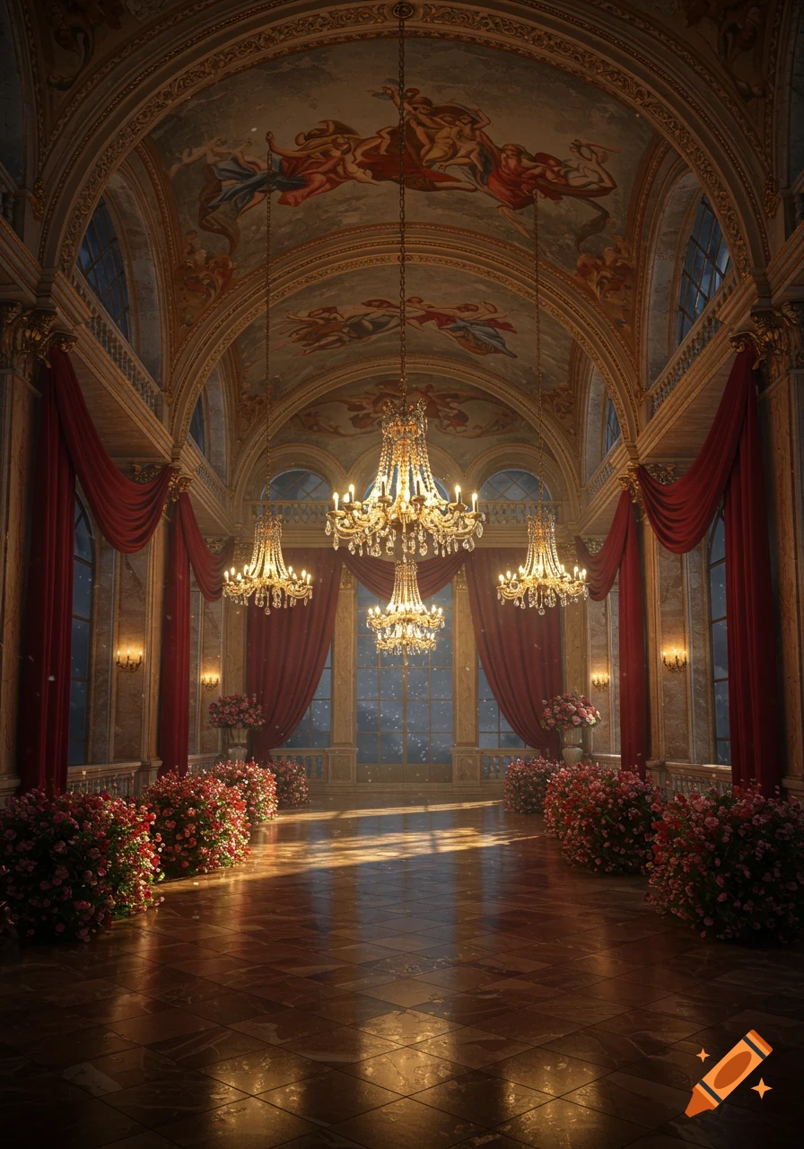 An opulent ballroom features elaborate chandeliers, red velvet drapes, and ceiling frescoes, with rows of red flowers lining the polished floor.
