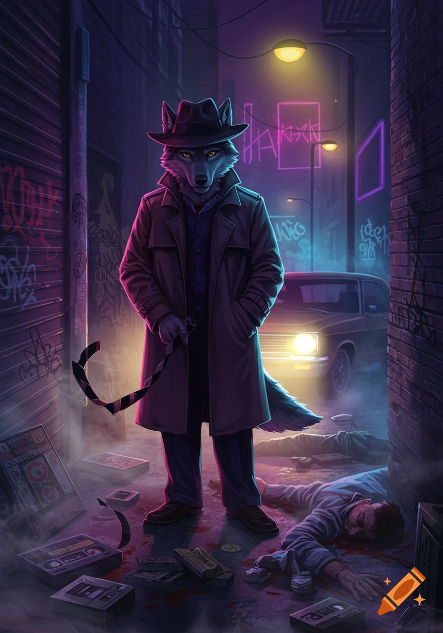 A wolf detective in a trench coat stands over a dead body with blood in a neon-lit, graffiti-covered 90s alley at night.