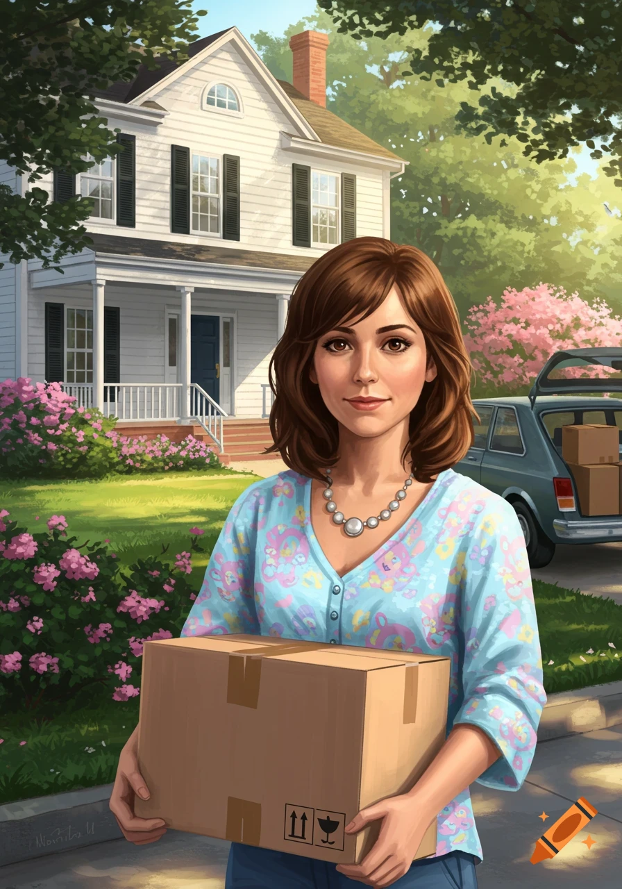 Illustrated woman with brown hair holding a moving box in front of a white house with a car in the driveway.