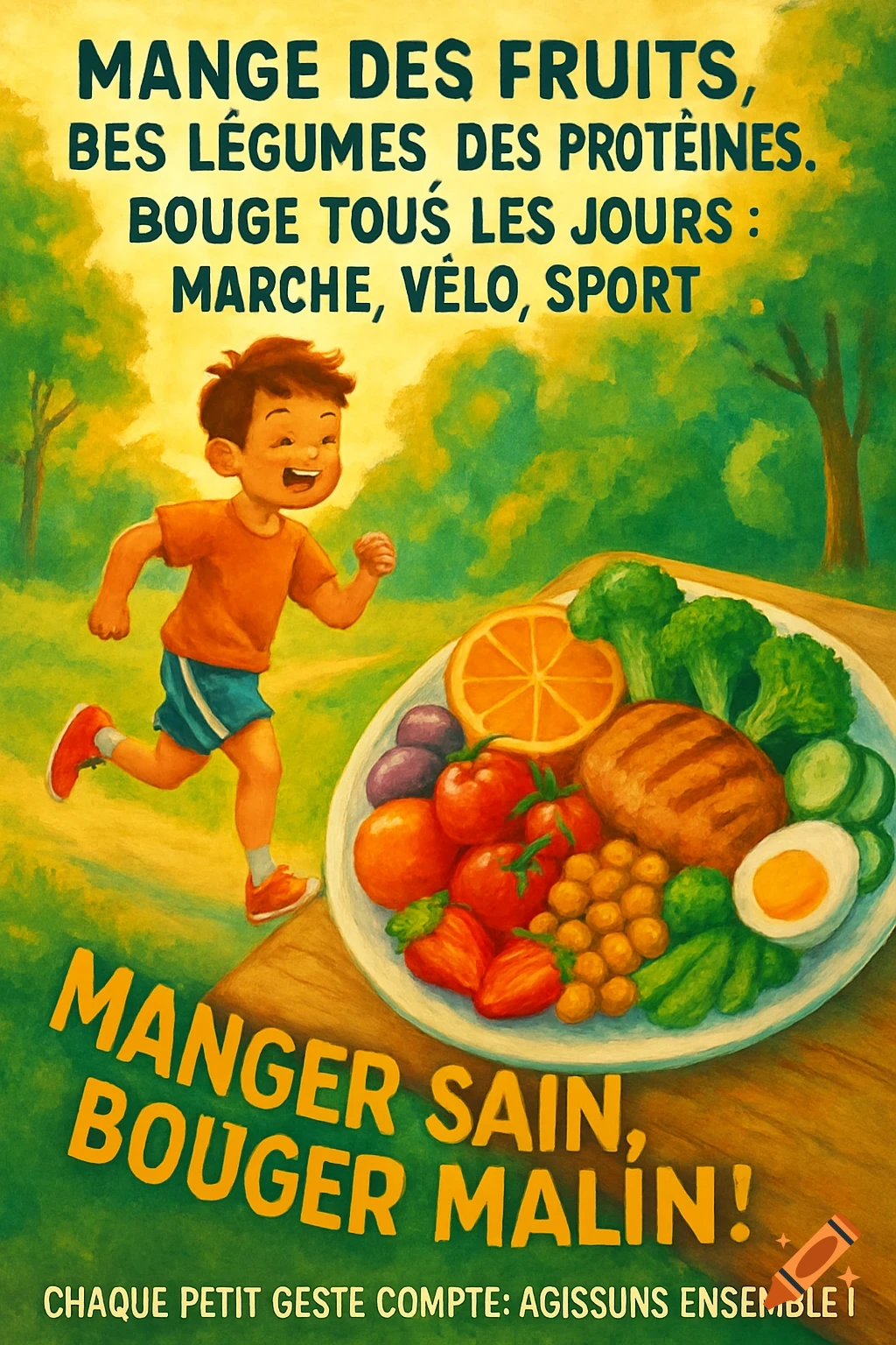 Colorful illustration of a happy child running next to a plate of healthy food, with text in French promoting healthy eating and exercise.