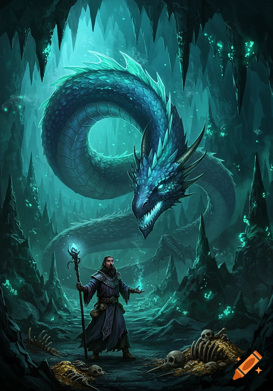 A dark-bearded wizard with a glowing staff faces a large, blue-green angry dragon in a teal-lit cavern with bones. Fantasy art style.