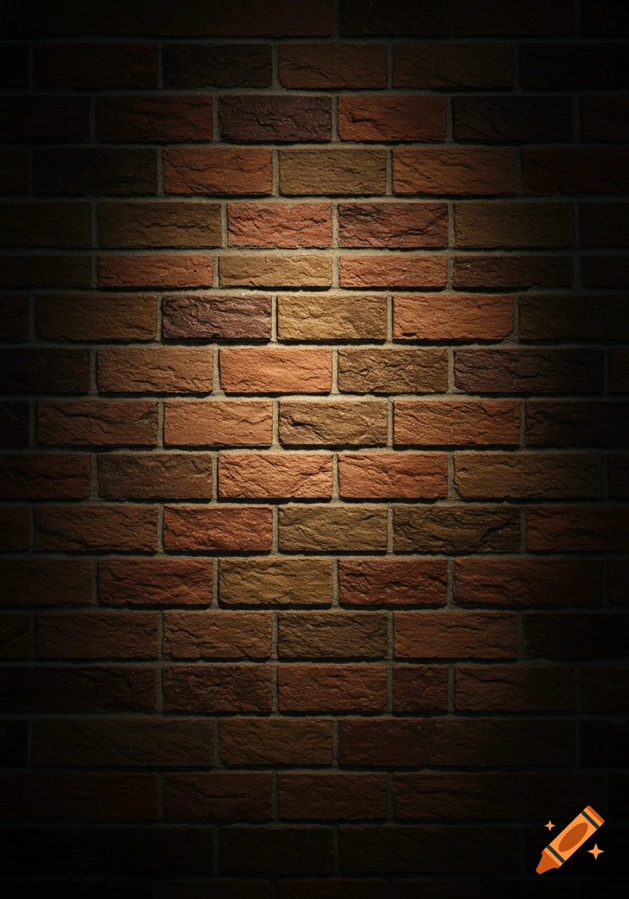 A textured brick wall with red and brown tones, illuminated by a central spotlight, casting soft shadows.