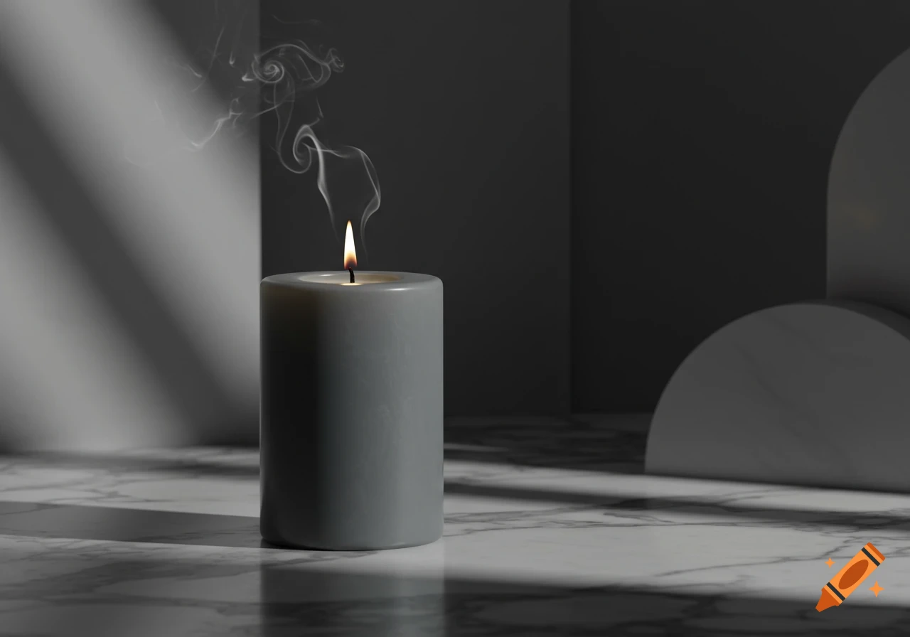 A lit gray pillar candle with smoke rising, on a white marble surface with strong shadows and geometric shapes in the background.