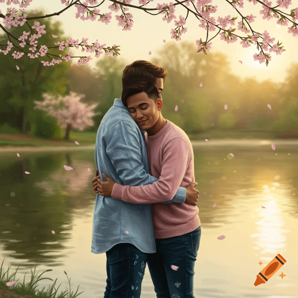 A gay couple embraces by a lake under falling pink cherry blossoms at sunset, in a painted style.