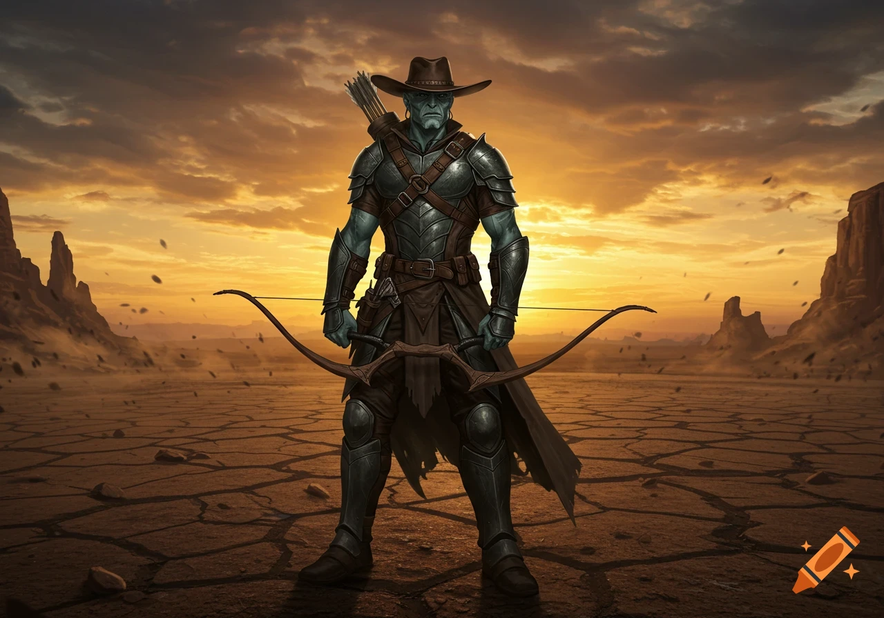 A teal-skinned archer in dark armor and a western hat stands in a cracked desert plain at sunset, holding a bow.