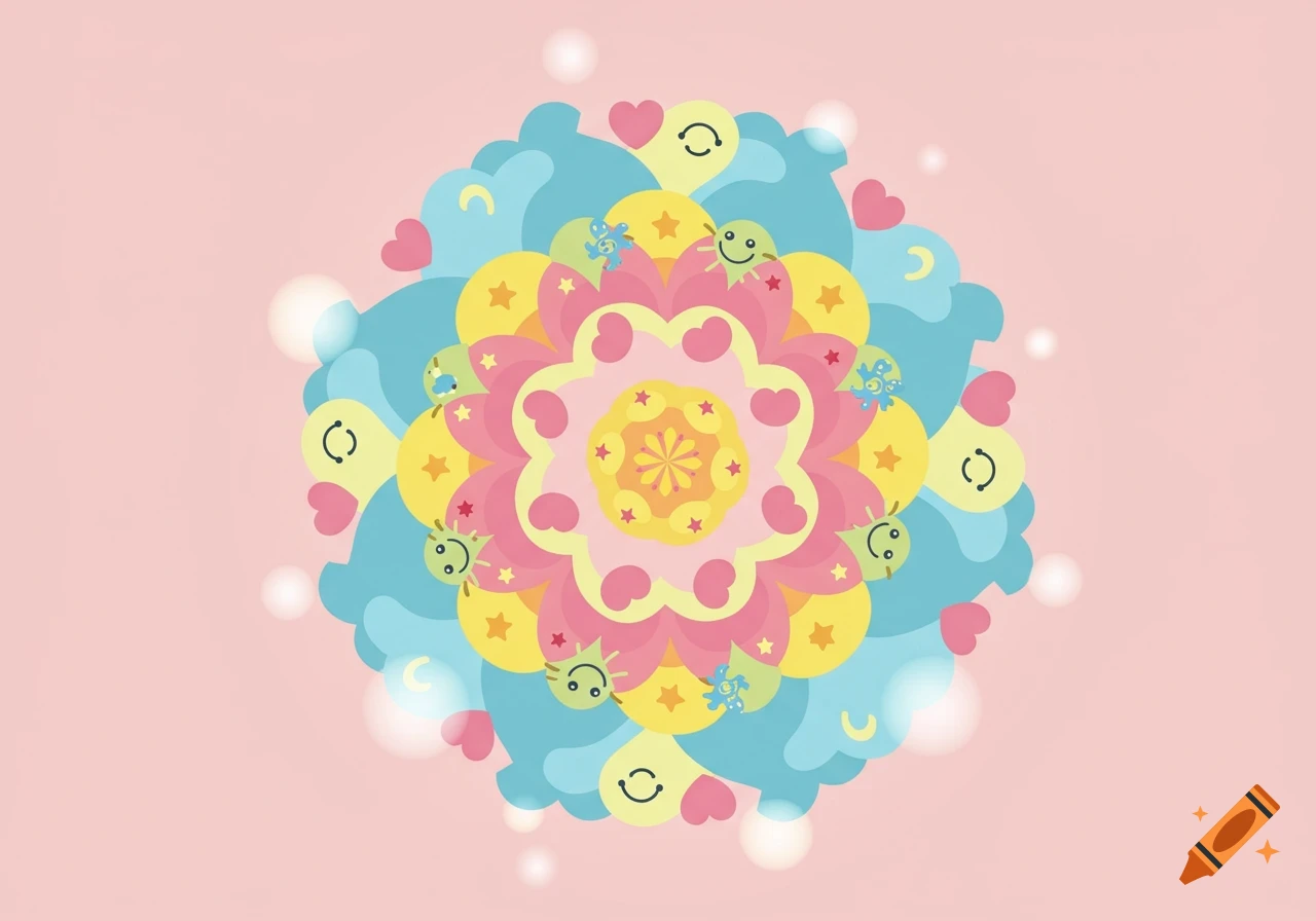 Colorful cartoon mandala with hearts, stars, moons, and smiley faces on a pink background.