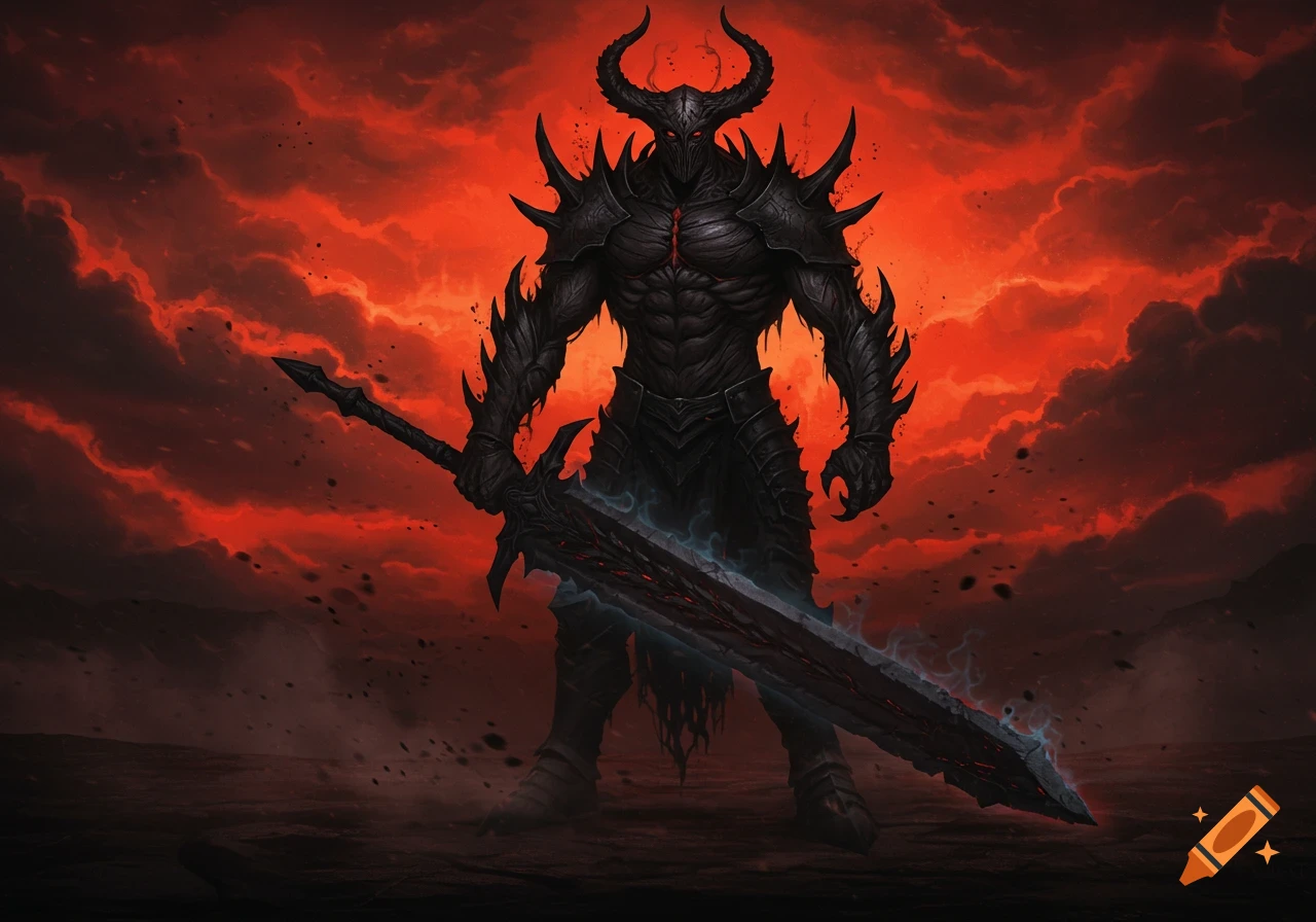 A menacing horned demon in spiky black armor holds a glowing dark greatsword against a fiery red, cloud-filled sky.