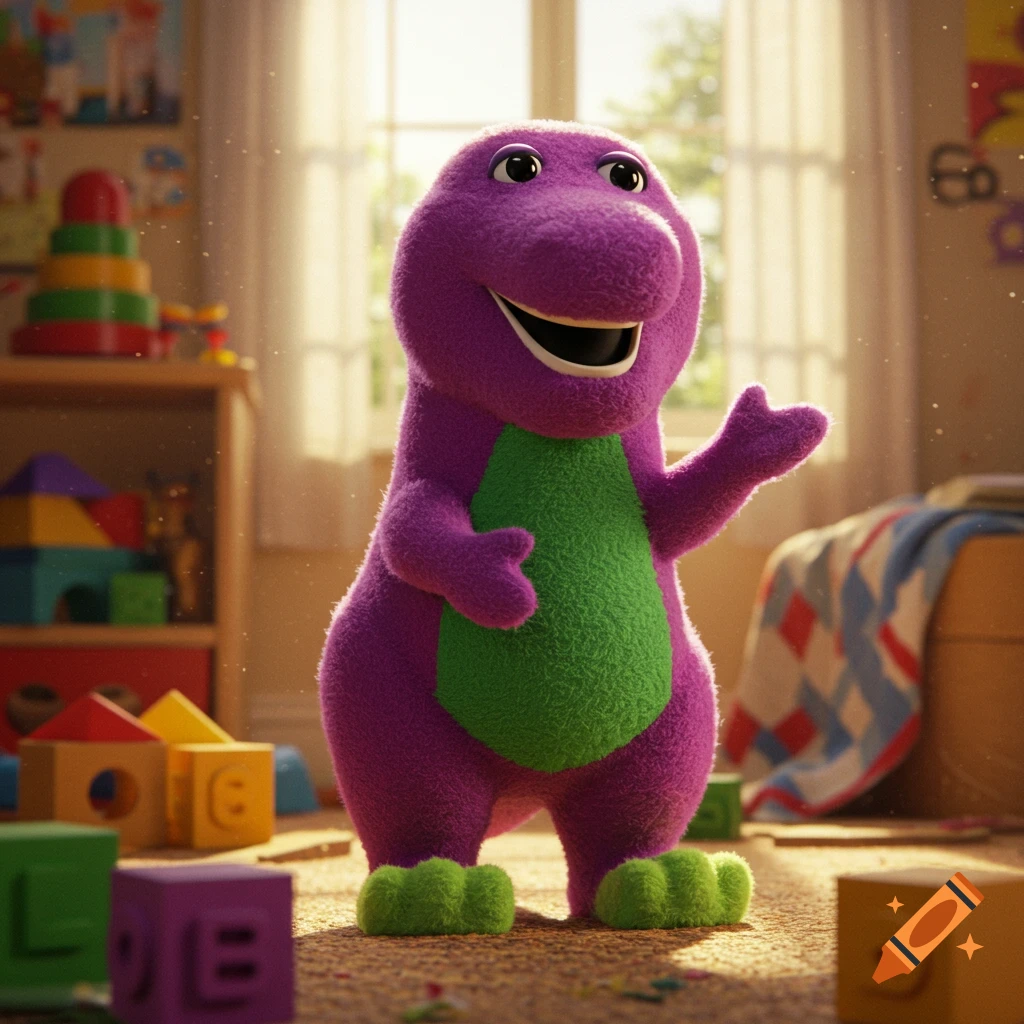 A photorealistic Barney doll stands in a sunlit child's playroom surrounded by colorful building blocks and toys.