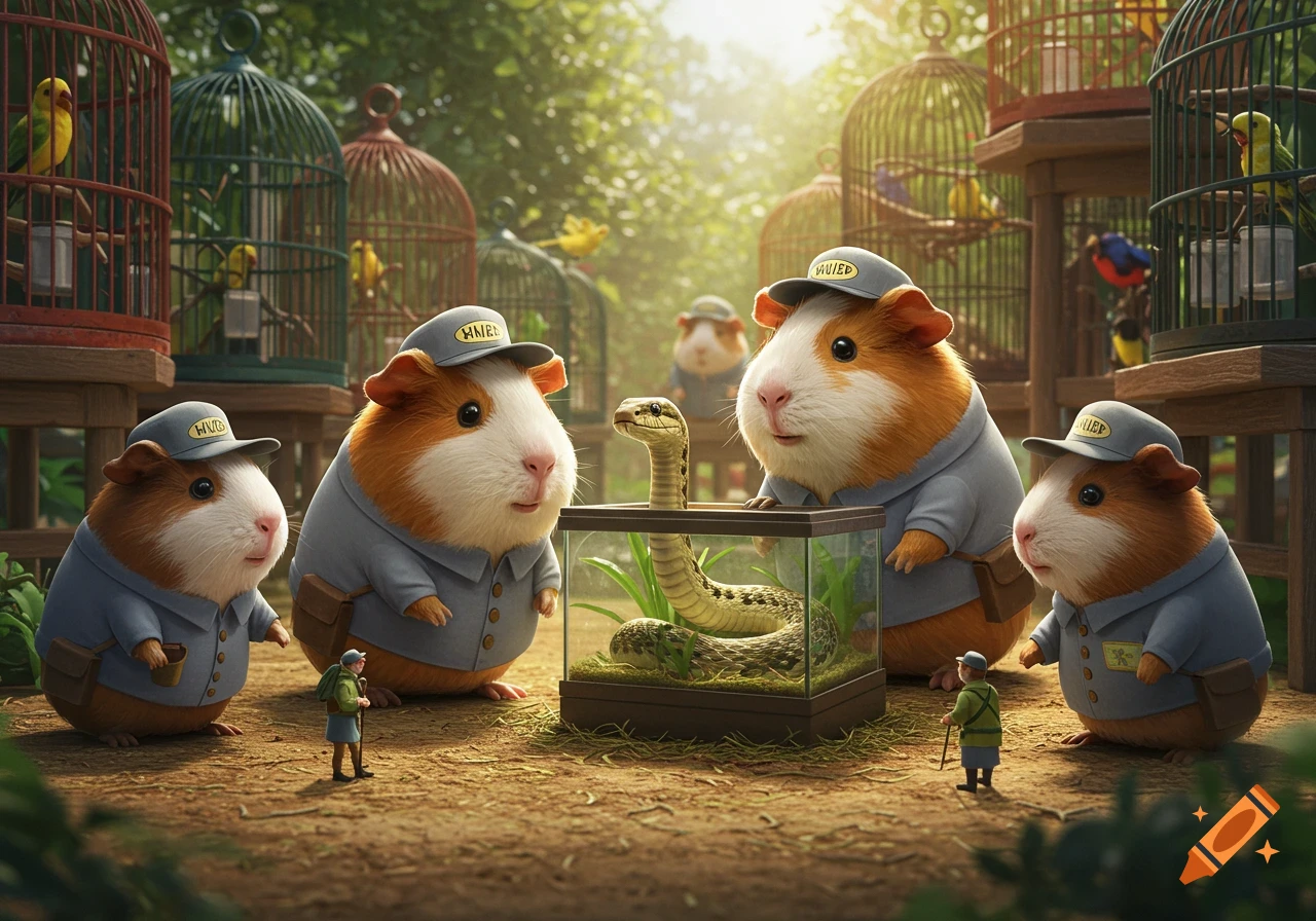 Anthropomorphic guinea pigs in uniforms look at a snake in a glass enclosure at a sunny outdoor zoo, with bird cages in the background.