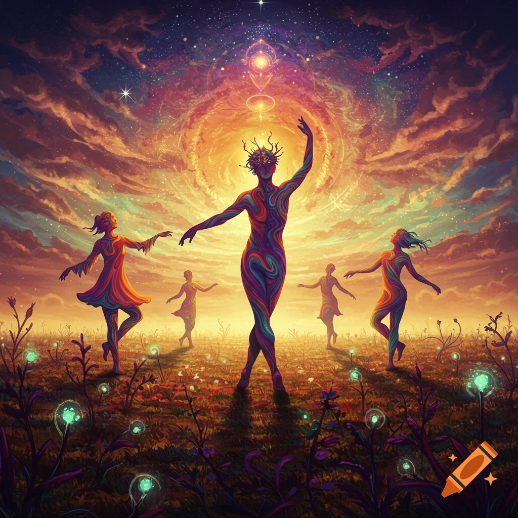 Vibrant psychedelic artwork of stylized people dancing in a field under a starry, swirling, colorful sky with glowing plants.