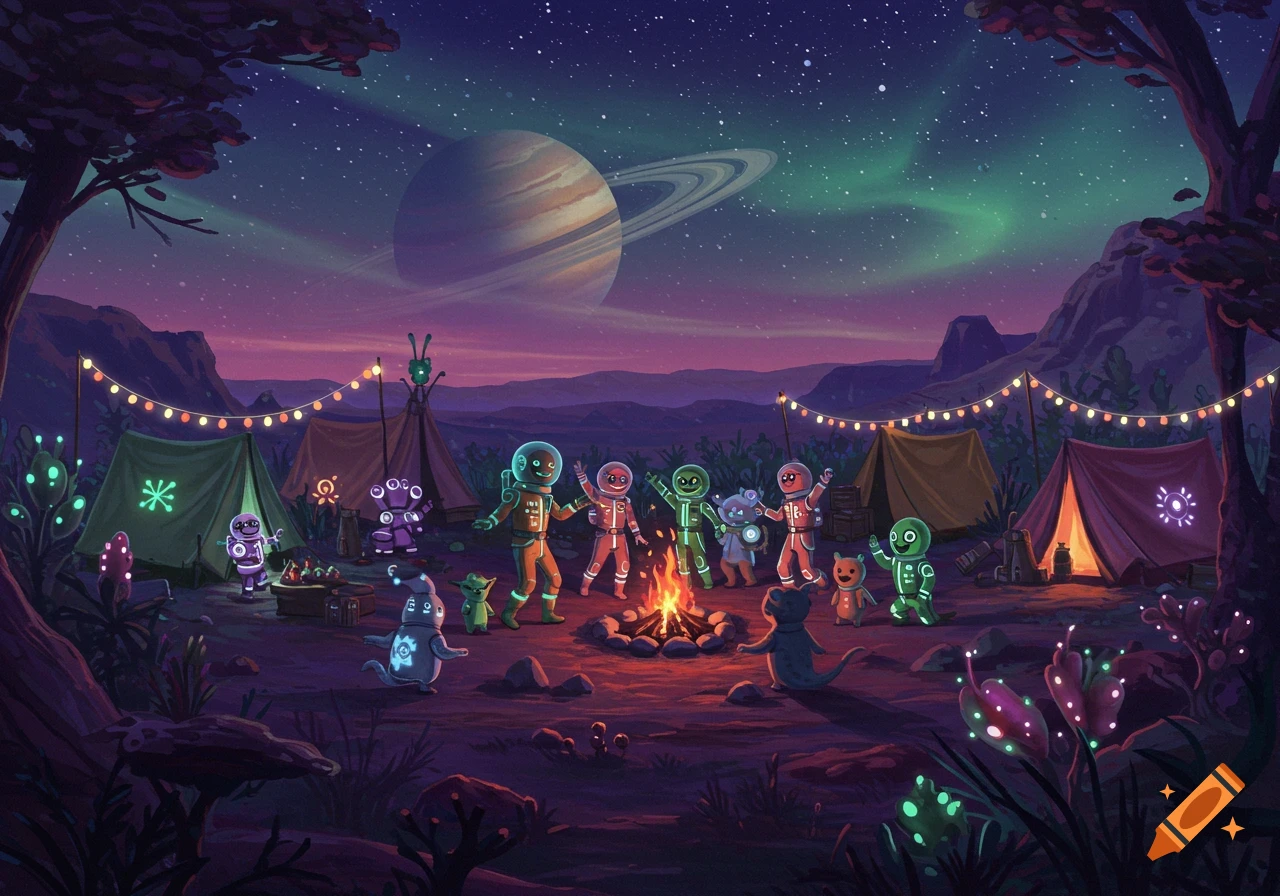 Colorful cartoon aliens camp around a campfire on an alien planet under a starry sky with a ringed planet, creating a whimsical illustration.
