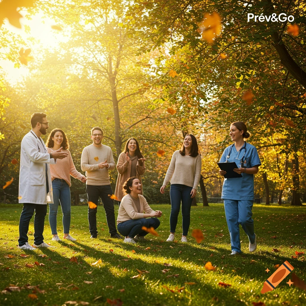 A diverse group of adults, including medical professionals, laughing and interacting in a sunlit autumn park with falling leaves.