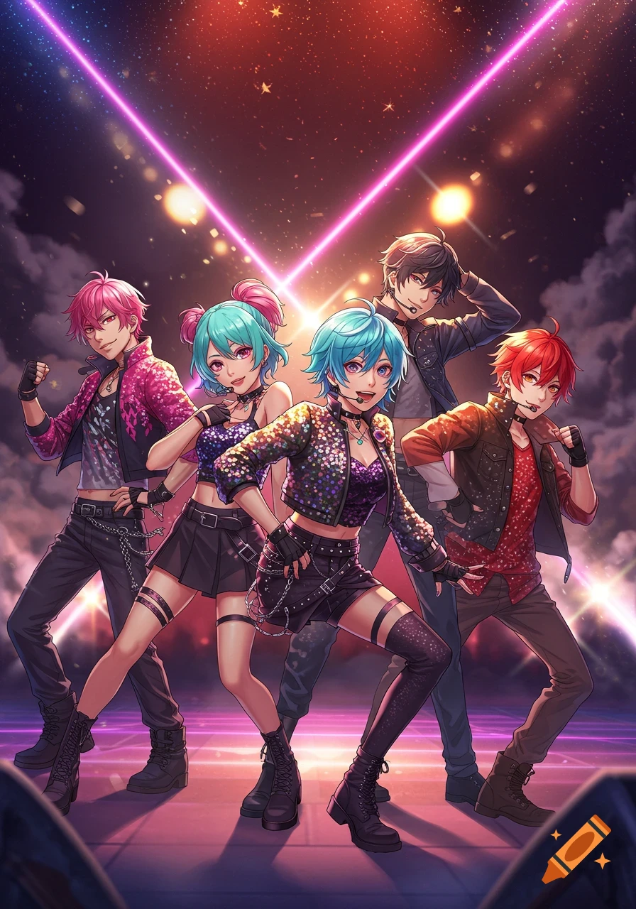 Five anime-style K-pop performers with vibrant hair and flashy outfits pose on a stage with neon lights and a starry background.