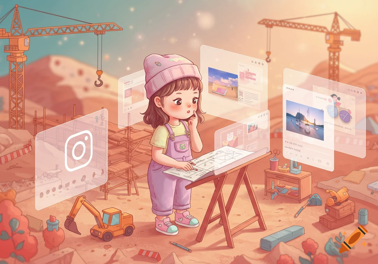 A cute cartoon girl in overalls and a beanie works on blueprints at a construction site, surrounded by floating holographic screens displaying Instagram content and an Instagram logo.