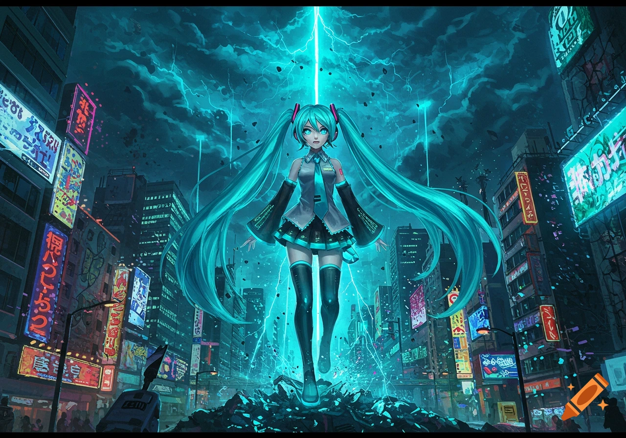 Hatsune Miku floats amidst glowing destruction in a dark, neon-lit cyberpunk city, with turquoise lightning bolts.