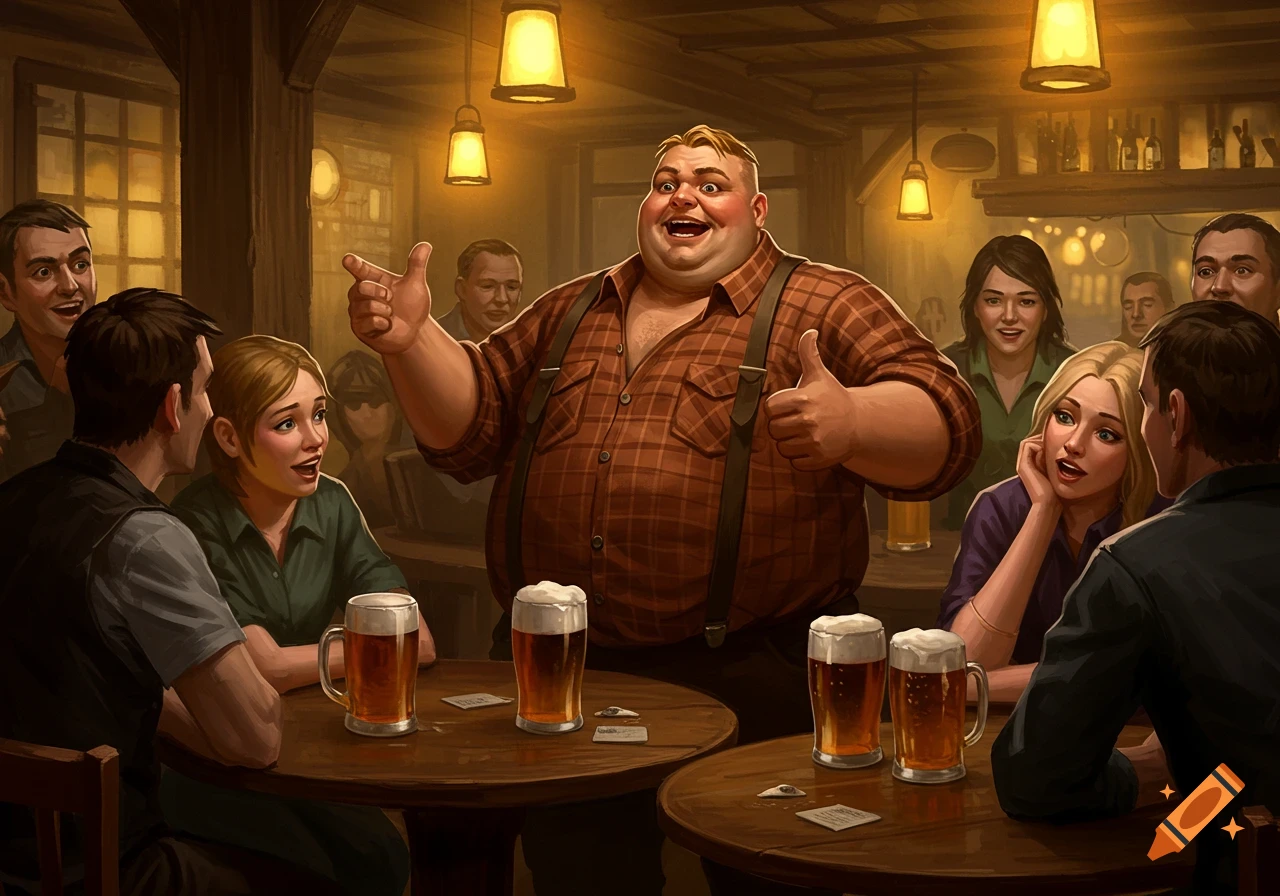 A smiling, large man in a plaid shirt and suspenders gesticulates while talking in a bustling pub filled with people and beer mugs, in a stylized illustration.